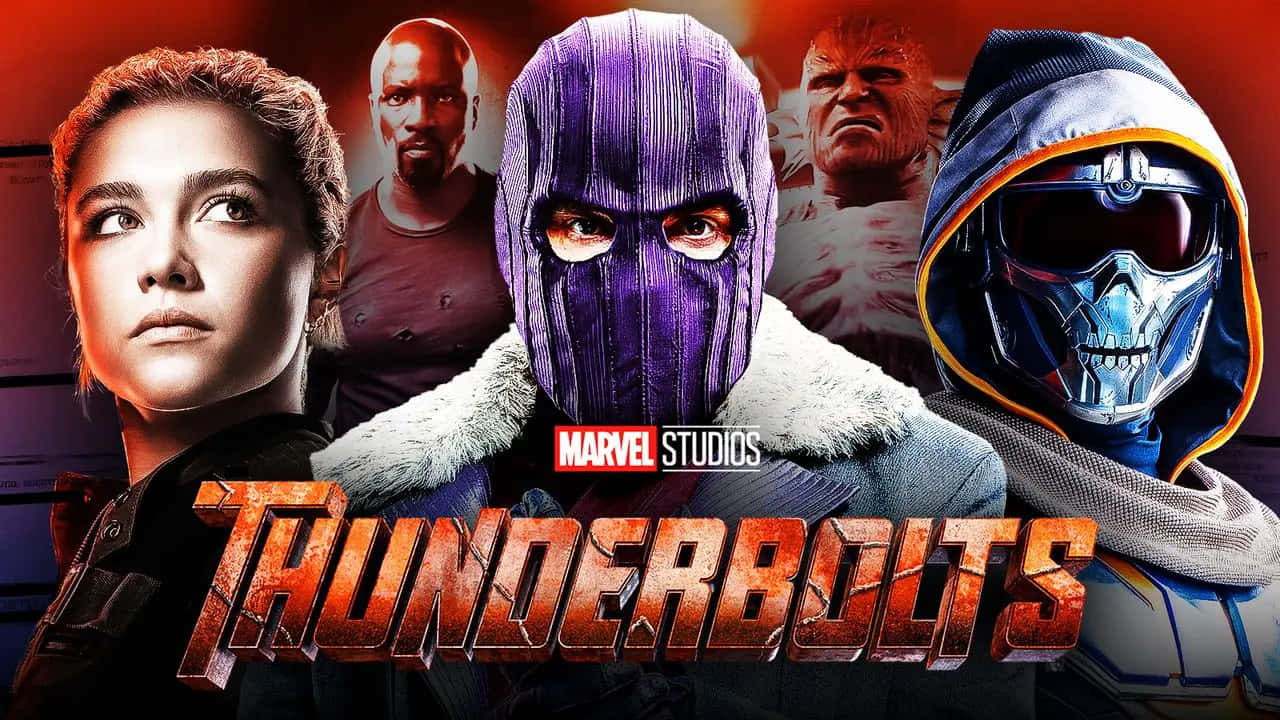 Thunderbolts 桌布 壁紙 — 一張戲劇性的Marvel Studios海報， featuring Thunderbolts 角色，表情強烈，字體大膽如火。