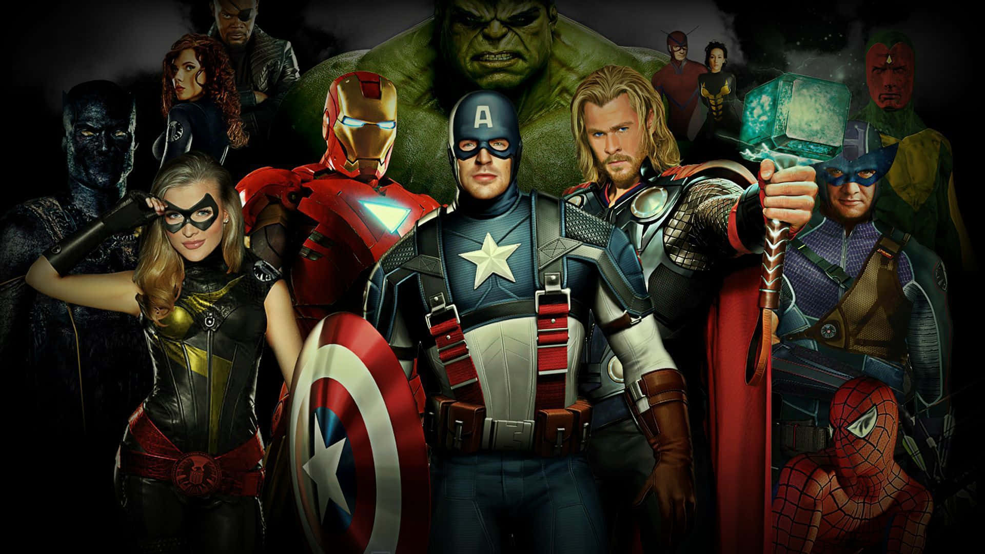 Marvel Desktop 桌布 壁紙 — 一張戲劇性的Marvel超級英雄群像，包括美國隊長、鋼鐵人、浩克、索爾和蜘蛛人，以英雄姿勢站在一起。