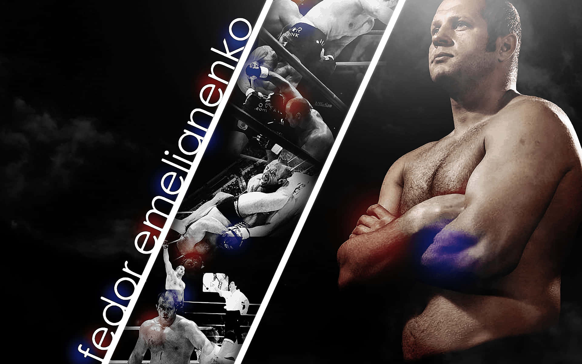 MMA 桌布 壁紙 — 一張戲劇性的分割圖像，拳擊手費多爾·埃梅利亞年科自信地站在他拳擊生涯的動作鏡頭旁。