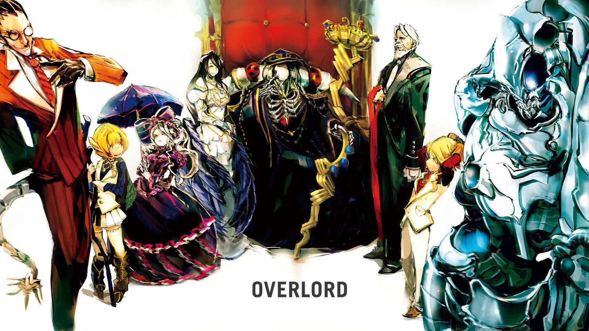 Overlord 桌布 壁紙 — 一張戲劇性的動漫壁紙， featuring 來自《Overlord》的多樣角色，包括骷髏王、機械巨人以及各種穿著精緻服裝的奇幻人物。