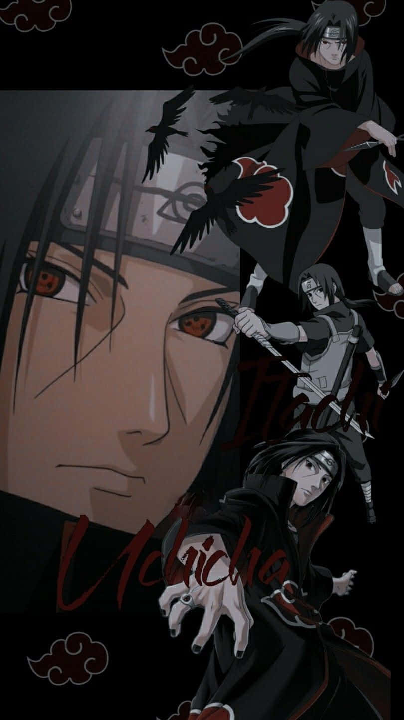 Jutsu 桌布 壁紙 — 一張戲劇性的動漫壁紙，描繪了宇智波鼬，紅眼黑斗篷，被其他忍者角色包圍，背景為帶有紅雲的黑暗背景。