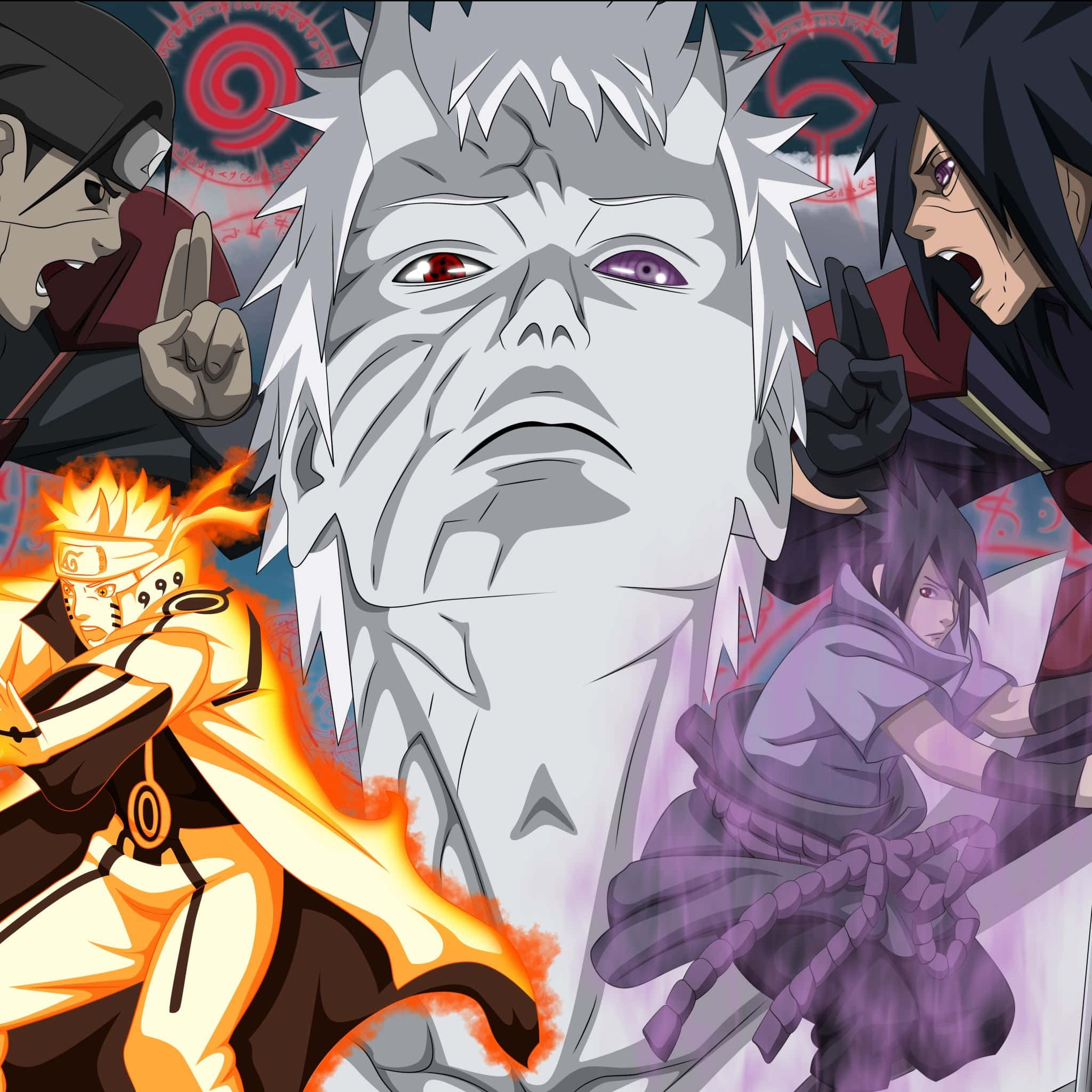 Naruto Anime 桌布 壁紙 — 一張戲劇性的動漫拼貼畫，以火焰模式的鳴人、深紫色的佐助和一位中央的白髮人物為特色，該人物有紅色和紫色的眼睛，背景是旋轉的紅色圖案。