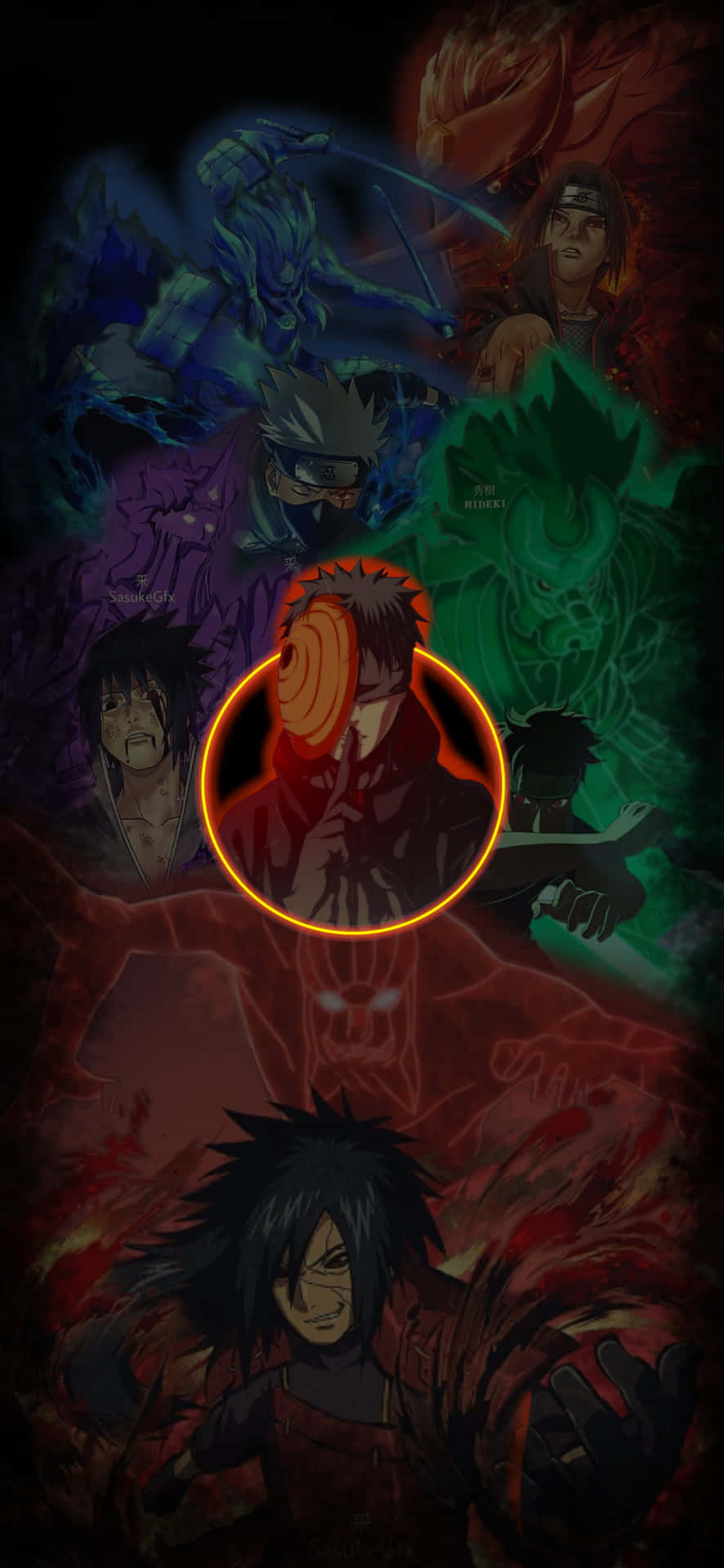 Akatsuki Tobi 桌布 壁紙 — 一張戲劇性的動漫桌布，以多個忍者角色為特色，帶有發光的查克拉和強烈的表情，背景為深色。