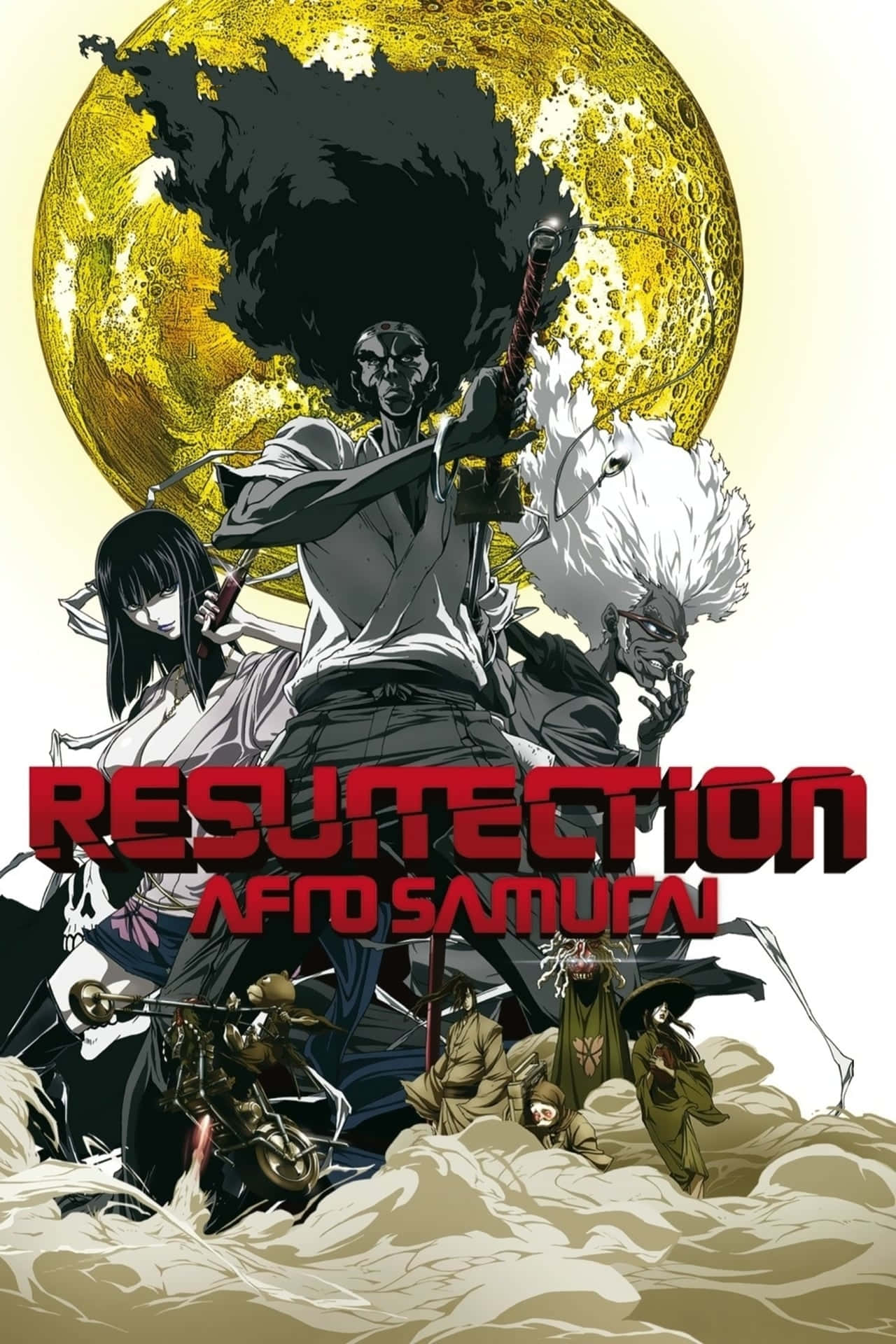 Afro Samurai 桌布 壁紙 — 一張戲劇性的動漫海報， featuring Afro Samurai，背景為金色月亮，並有粗體紅色標題文字。