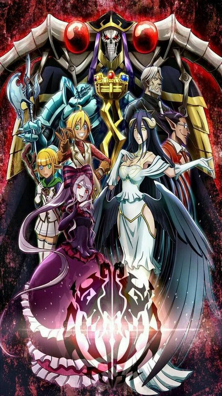 Overlord 桌布 壁紙 — 一張戲劇性的動漫海報，描繪一群奇幻角色，一個可怕的骷髏臉首領在熾熱的紅色背景上籠罩著他們。