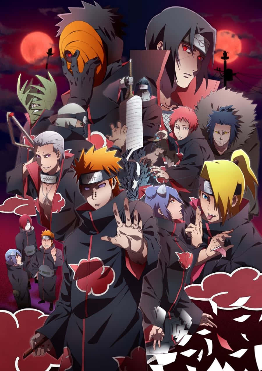 Akatsuki Naruto Shippuden 桌布 壁紙 — 一張戲劇性的動漫海報，描繪了曉組織成員穿著帶有紅色雲朵的黑色斗篷，背景是黑暗的天空和紅色的月亮。