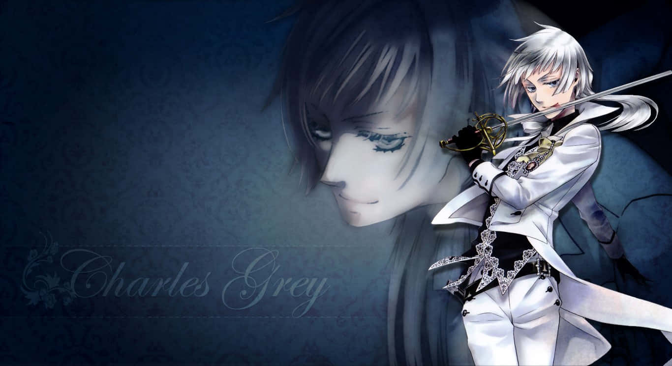 Charles Grey 桌布 壁紙 — 一張戲劇性的動漫風格壁紙，描繪一位銀髮劍士身穿白衣，站在一個蒼白男子藍眼睛的陰影肖像旁。