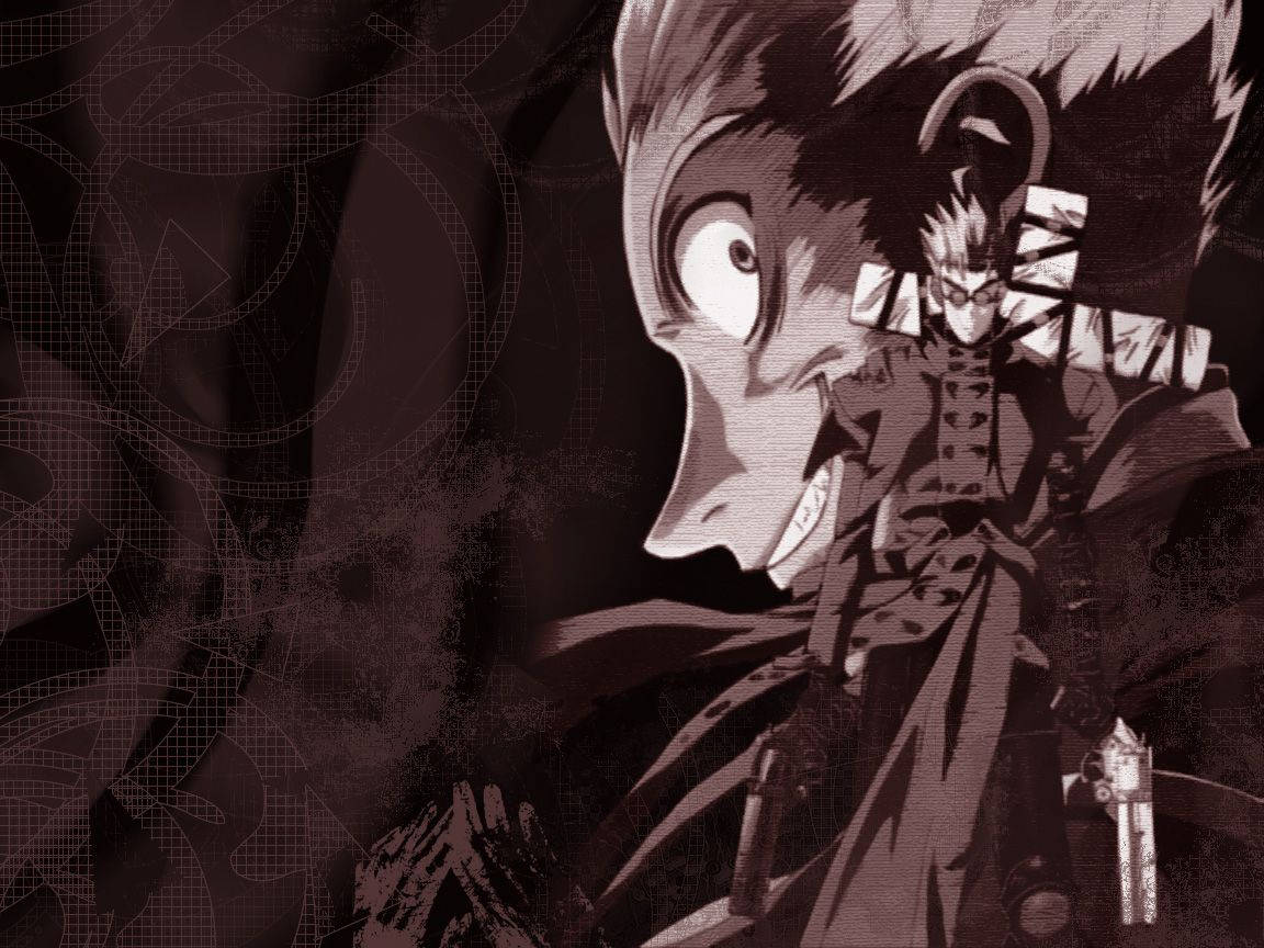 Trigun 桌布 壁紙 — 一張戲劇性的動漫風格桌布，以深色調的兩個角色為特色，表情強烈，背景圖案風格化。