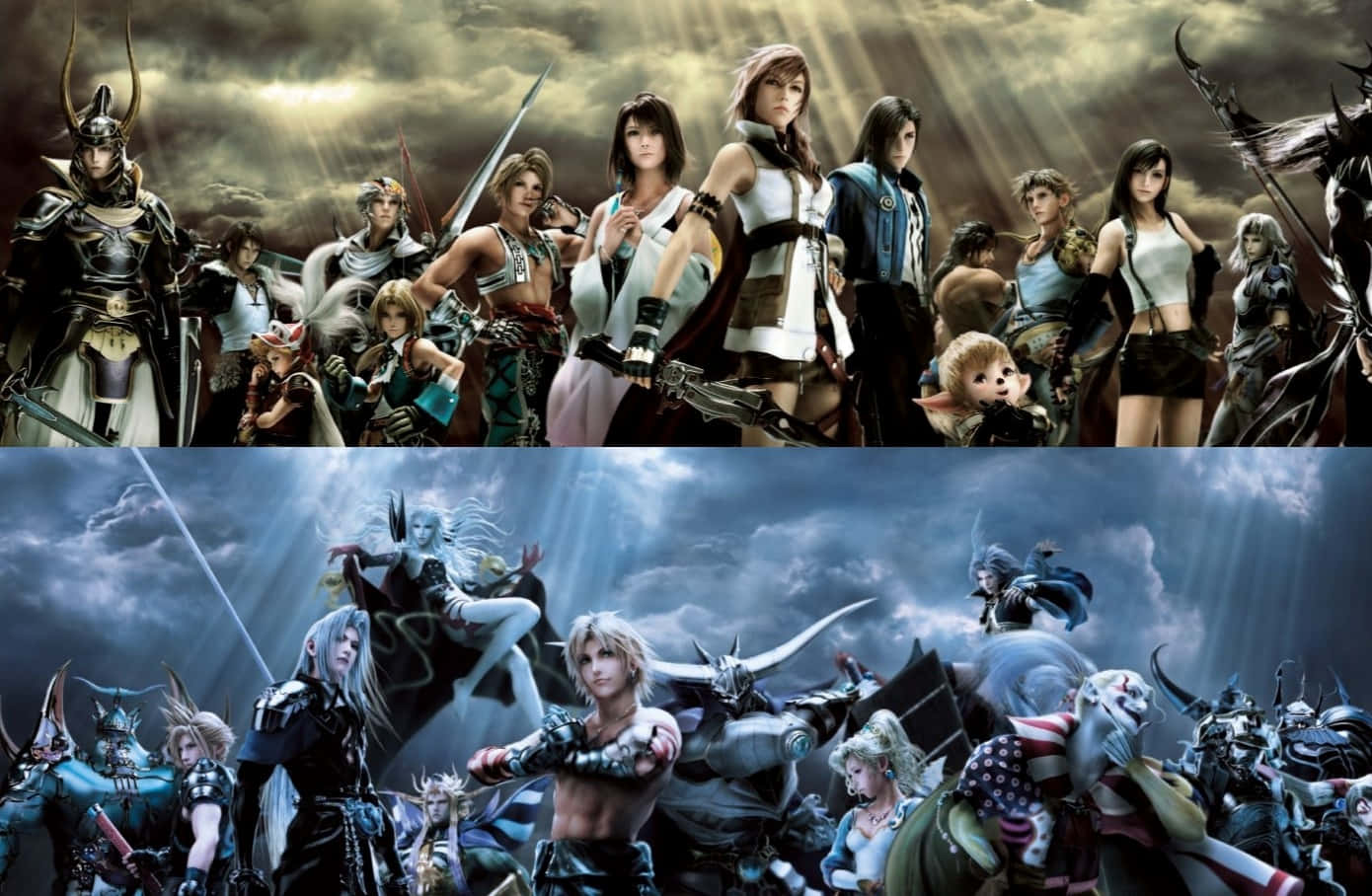 Final Fantasy Characters 桌布 壁紙 — 一張戲劇性的動漫風格桌布，描繪了兩排奇幻戰士和怪物，背景是暴風雨的天空和神聖的光束。