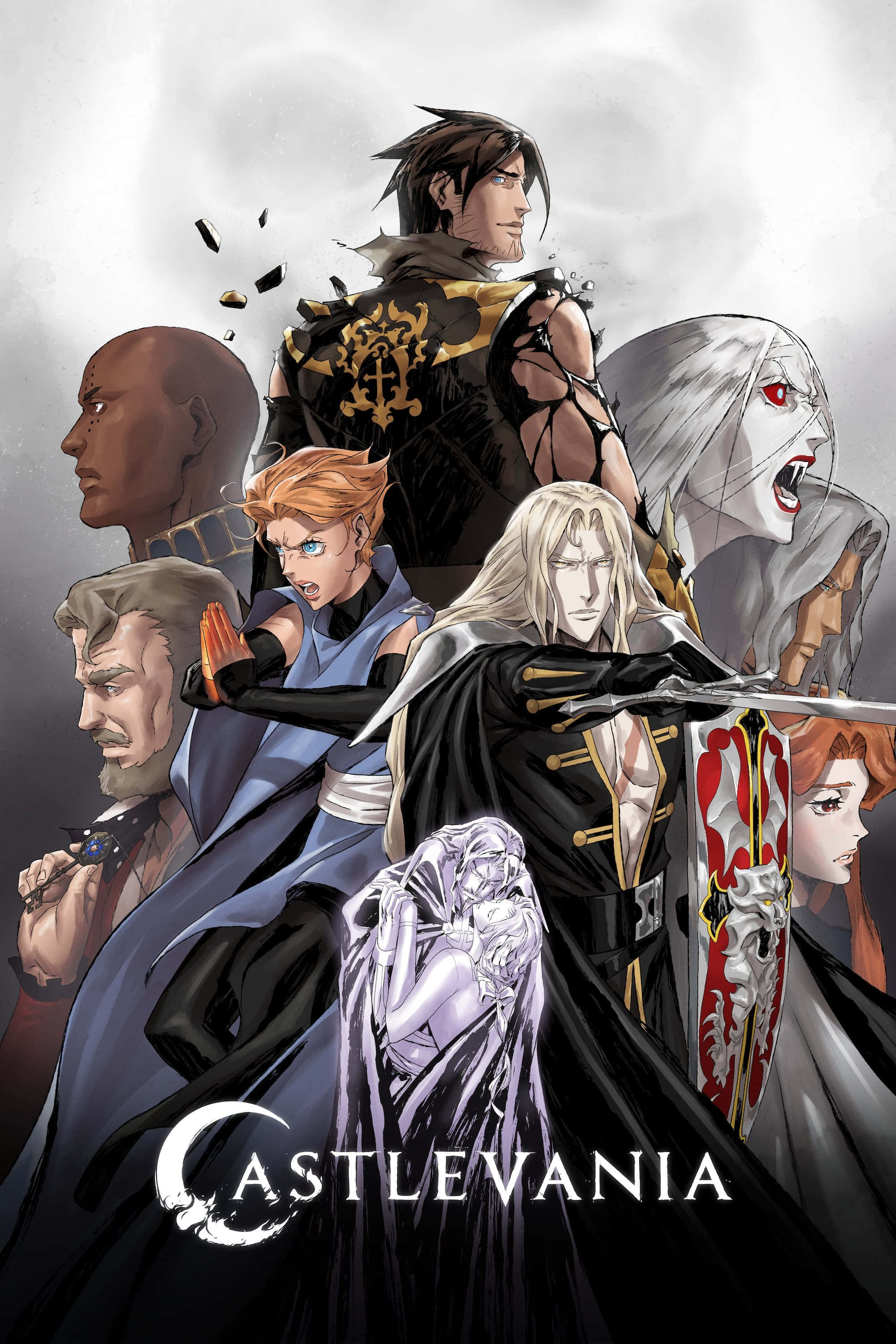 Castlevania 桌布 壁紙 — 一張戲劇性的動漫風格海報，展示《惡魔城》中的多個角色，在暴風雨般的灰色背景下擺出動態姿勢。