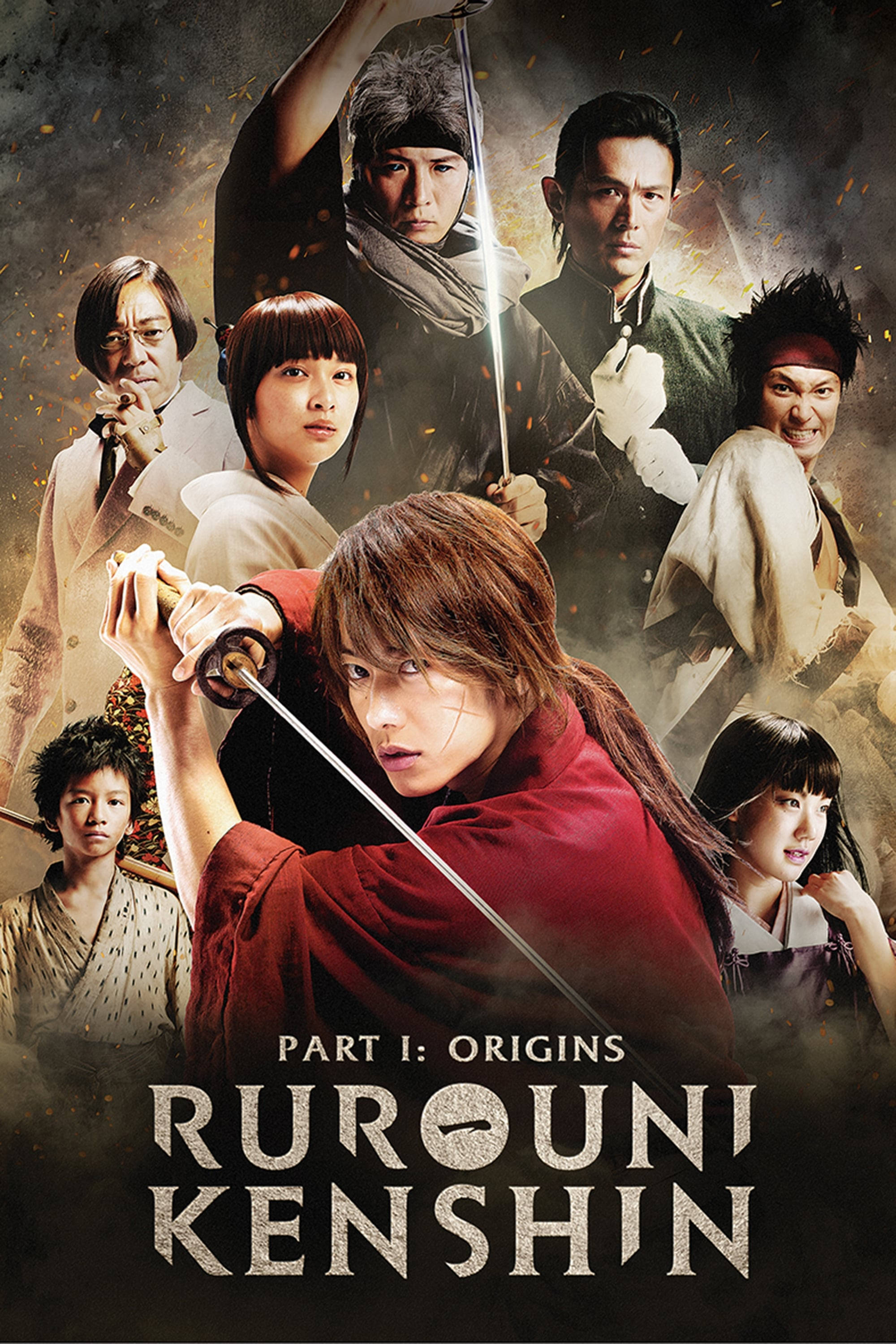 Kenshin 桌布 壁紙 — 一張戲劇性的動畫海報，前景是一位身穿紅色長袍的劍客，背景是煙霧繚繞、火焰熊熊，多位穿著傳統日本服飾的角色揮舞著武器。