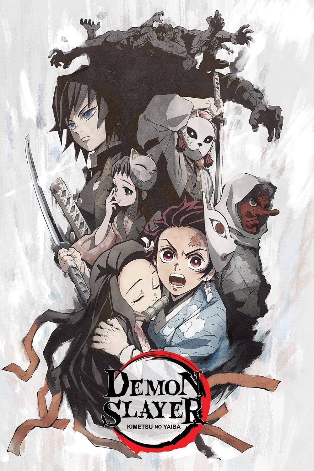 Demon Slayer Aesthetic 桌布 壁紙 — 一張戲劇性的動畫海報，展示《鬼滅之刃》角色以動態姿勢揮舞刀劍，背後有惡魔潛伏。