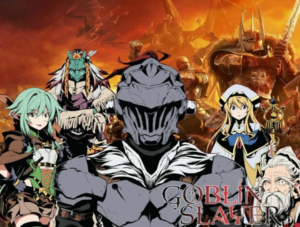Goblin Slayer 桌布 壁紙 — 一張戲劇性的動畫海報，描繪一位戴面具的騎士被各種奇幻角色包圍，背景是火熱的橙色戰場。