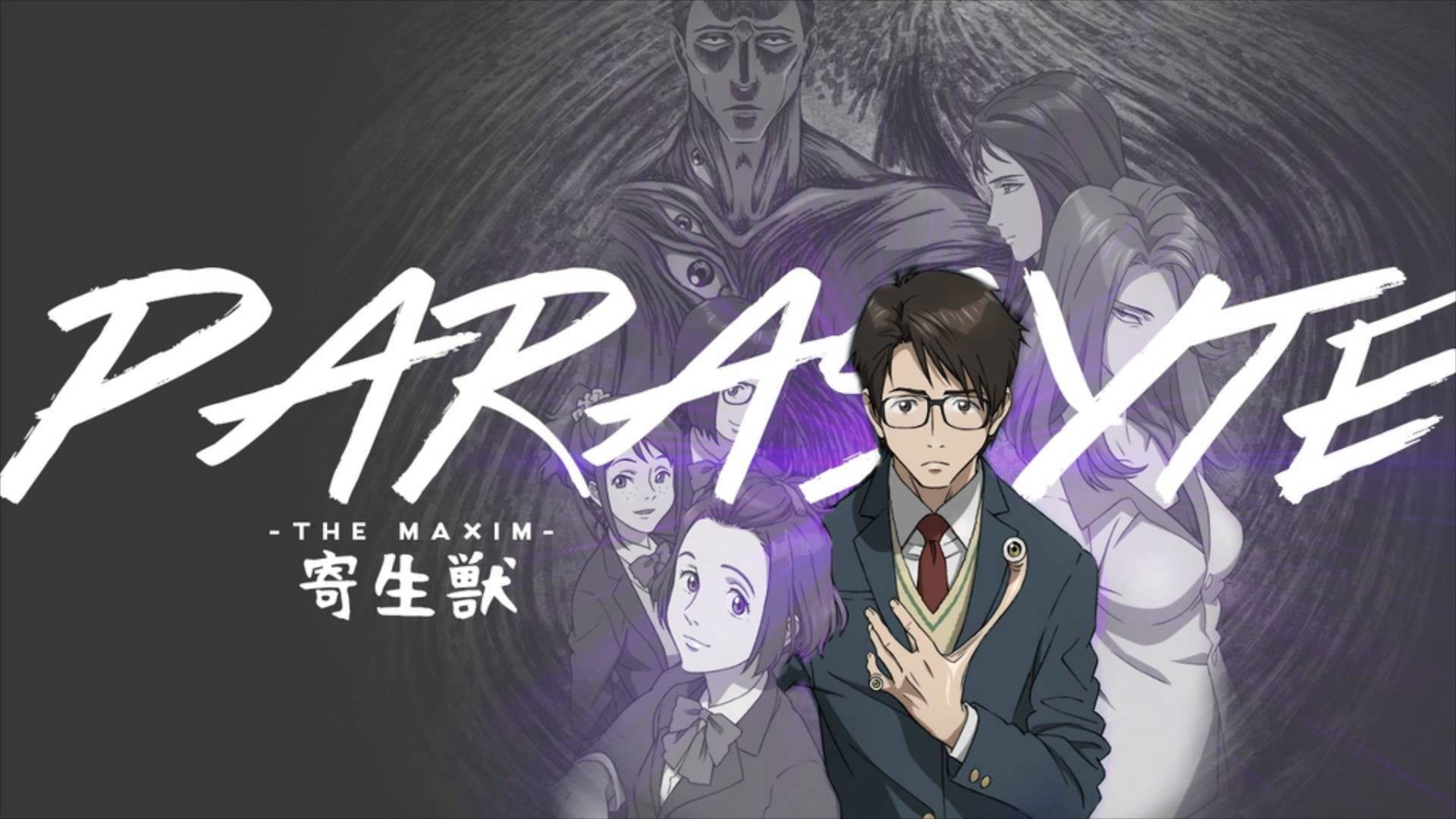 Parasyte 桌布 壁紙 — 一張戲劇性的動畫海報，描繪一位身穿西裝、戴眼鏡的年輕男子站在旋轉的幽靈人物漩渦前，標題為 Parasite Eve。
