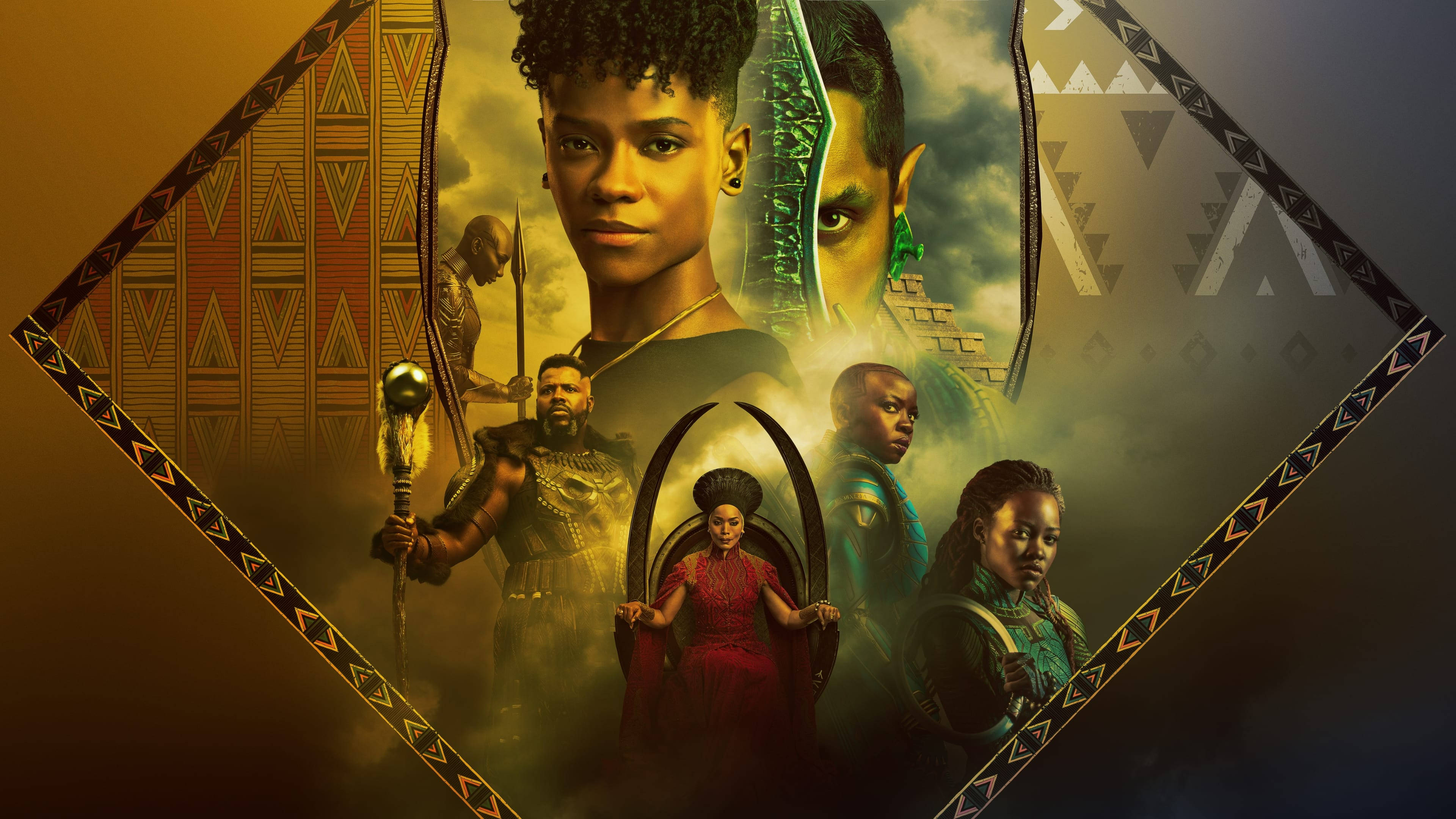 Wakanda 桌布 壁紙 — 一張戲劇性的奇幻海報，以金色燈光下的非洲風格設計和神秘元素為特色，展現多樣角色。