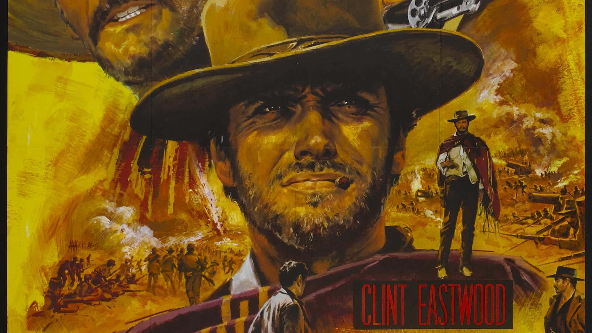 Cowboy 桌布 壁紙 — 一張戲劇性的復古電影海報，克林·伊斯威特飾演一位嚴肅的牛仔，叼著雪茄，背景是熾熱的西部戰場。