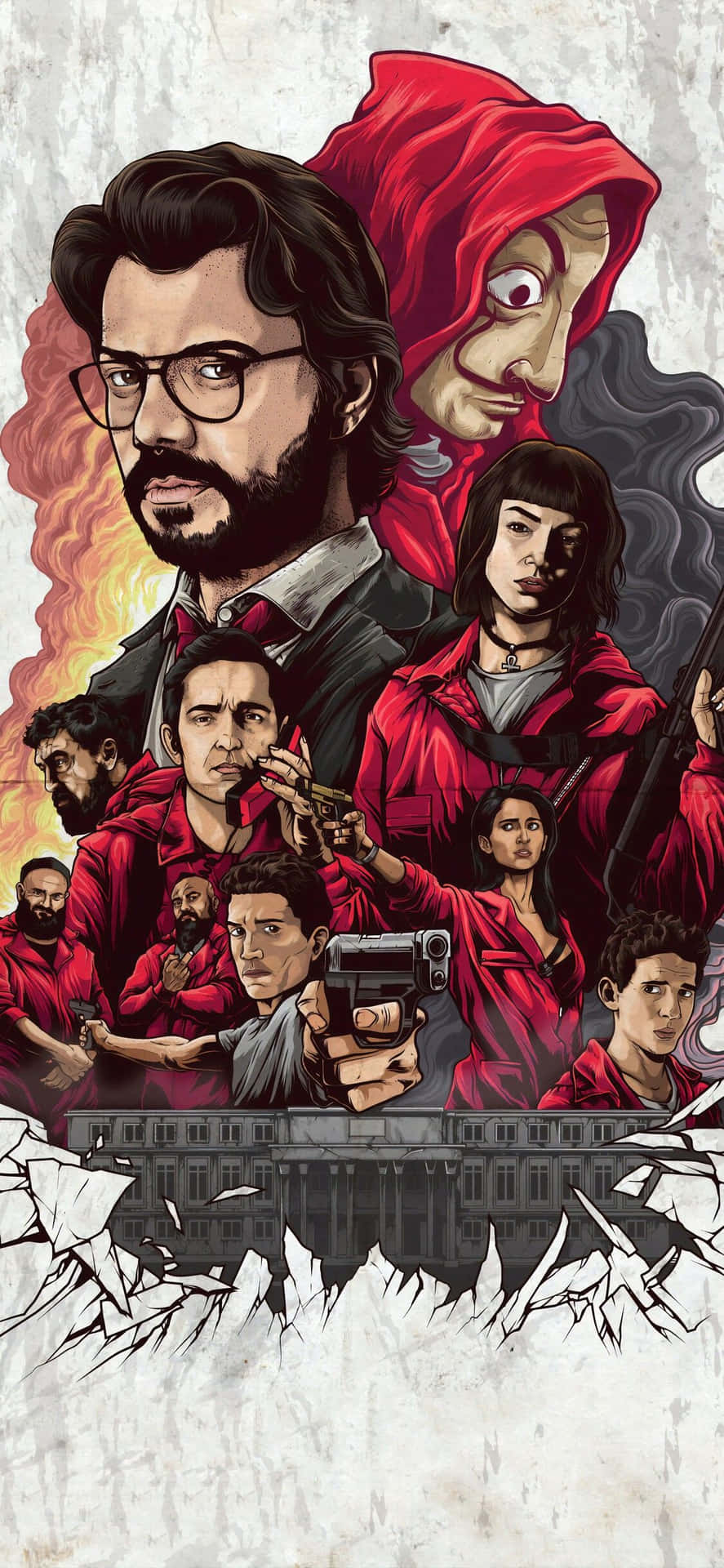 Money Heist Mask 桌布 壁紙 — 一張戲劇性的插圖海報，展示《魷魚遊戲》系列中穿著紅色連身衣和面具的角色，背景是裂開的混凝土，下方有一座建築物。