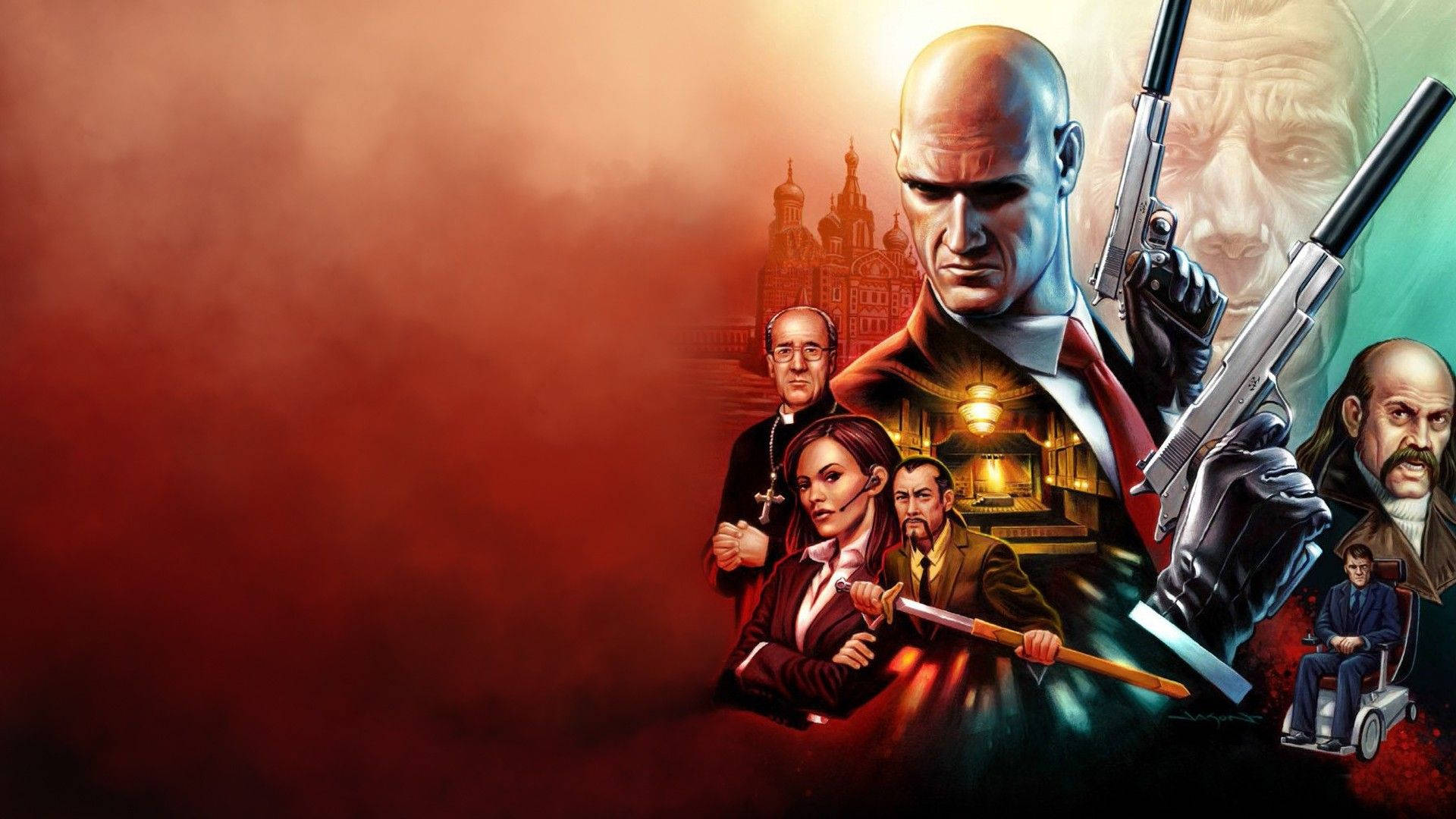 Hitman Absolution 桌布 壁紙 — 一張戲劇性的插圖海報，描繪一個光頭刺客手持槍械，與其他角色一起置身於火紅和黑暗的背景中。