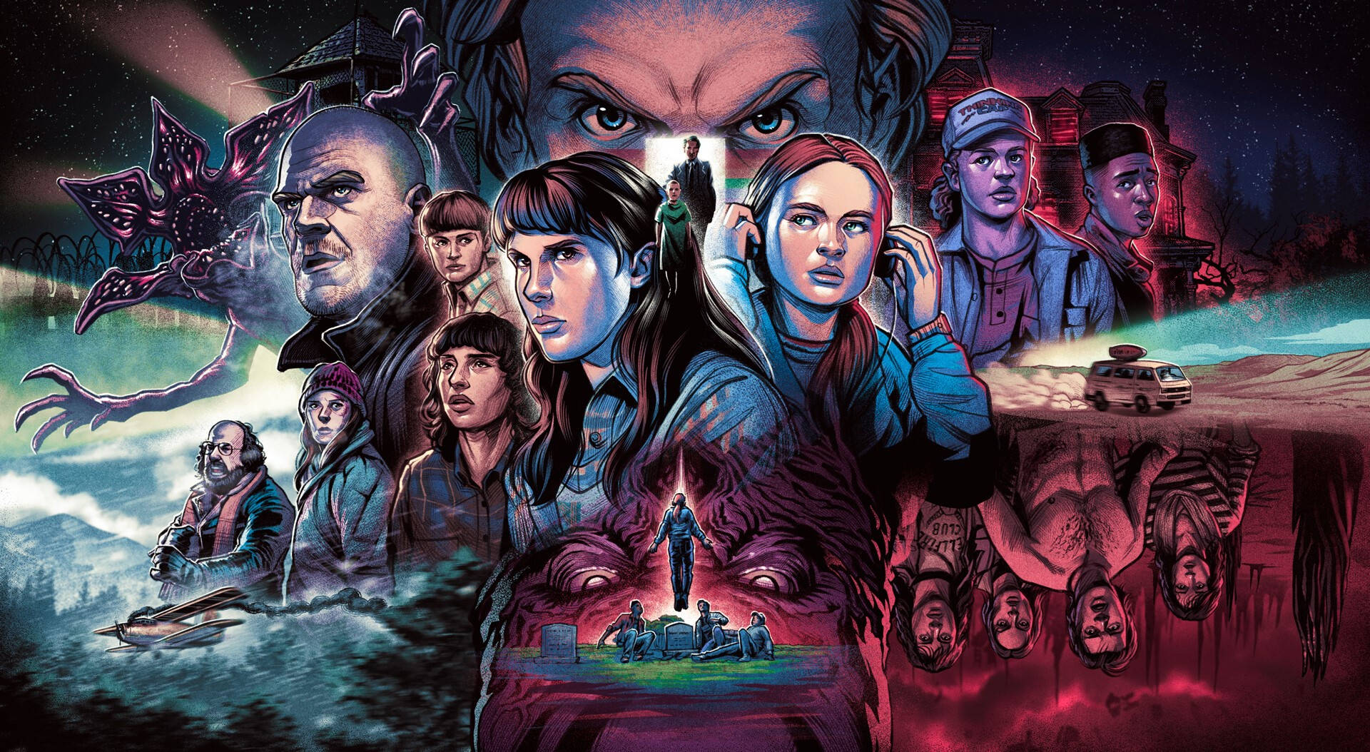 Stranger Things Aesthetic 桌布 壁紙 — 一張戲劇性的插圖海報，描繪了《怪奇物語》中的角色、一個威脅性的怪物、一輛廂型車，以及在黑暗天空下詭異發光的元素。