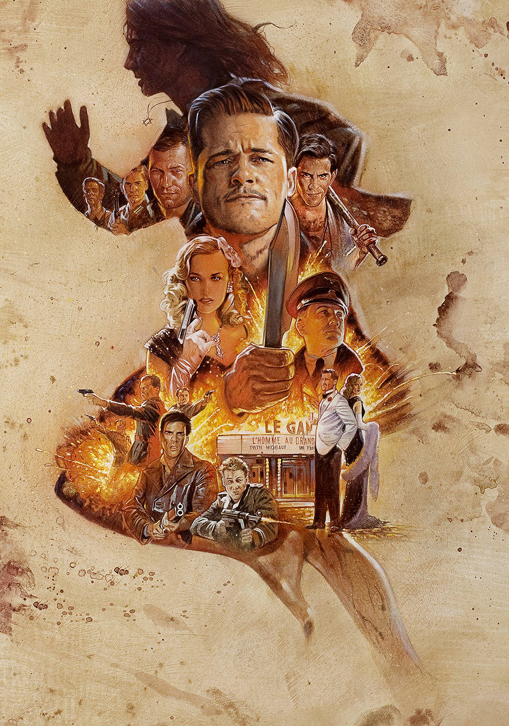 Inglourious Basterds 桌布 壁紙 — 一張戲劇性的插圖電影海報拼貼畫，以多個角色在帶有紋理的米色背景上擺出動作姿勢，並伴有熾熱的爆炸。