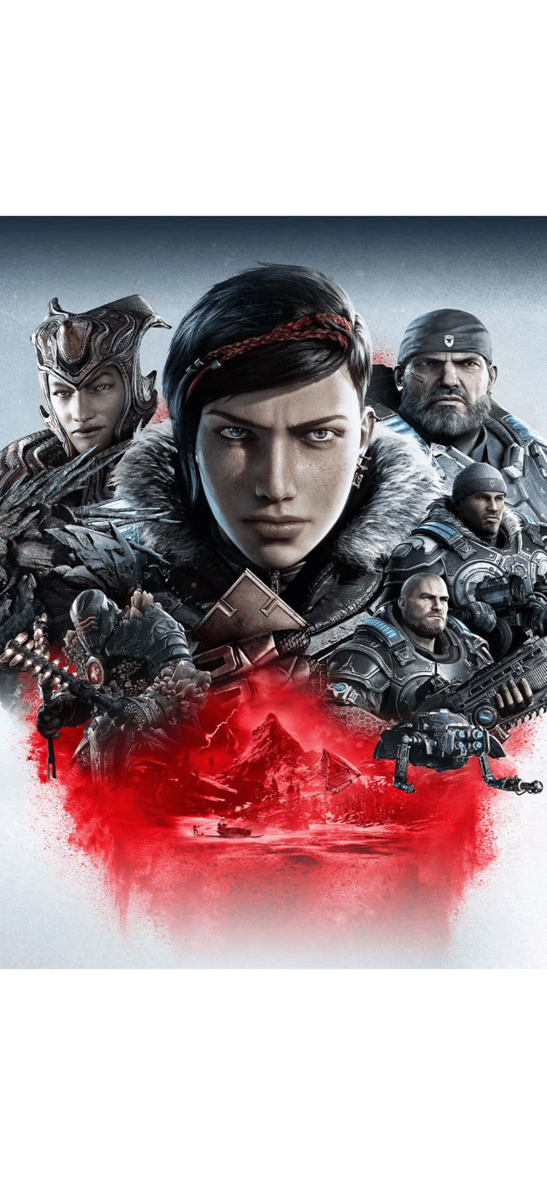 iPhone X Gears Of War 5 桌布 壁紙 — 一張戲劇性的數位藝術海報，中央有一位女戰士，周圍是身穿盔甲的士兵，背景為紅色飛濺效果。