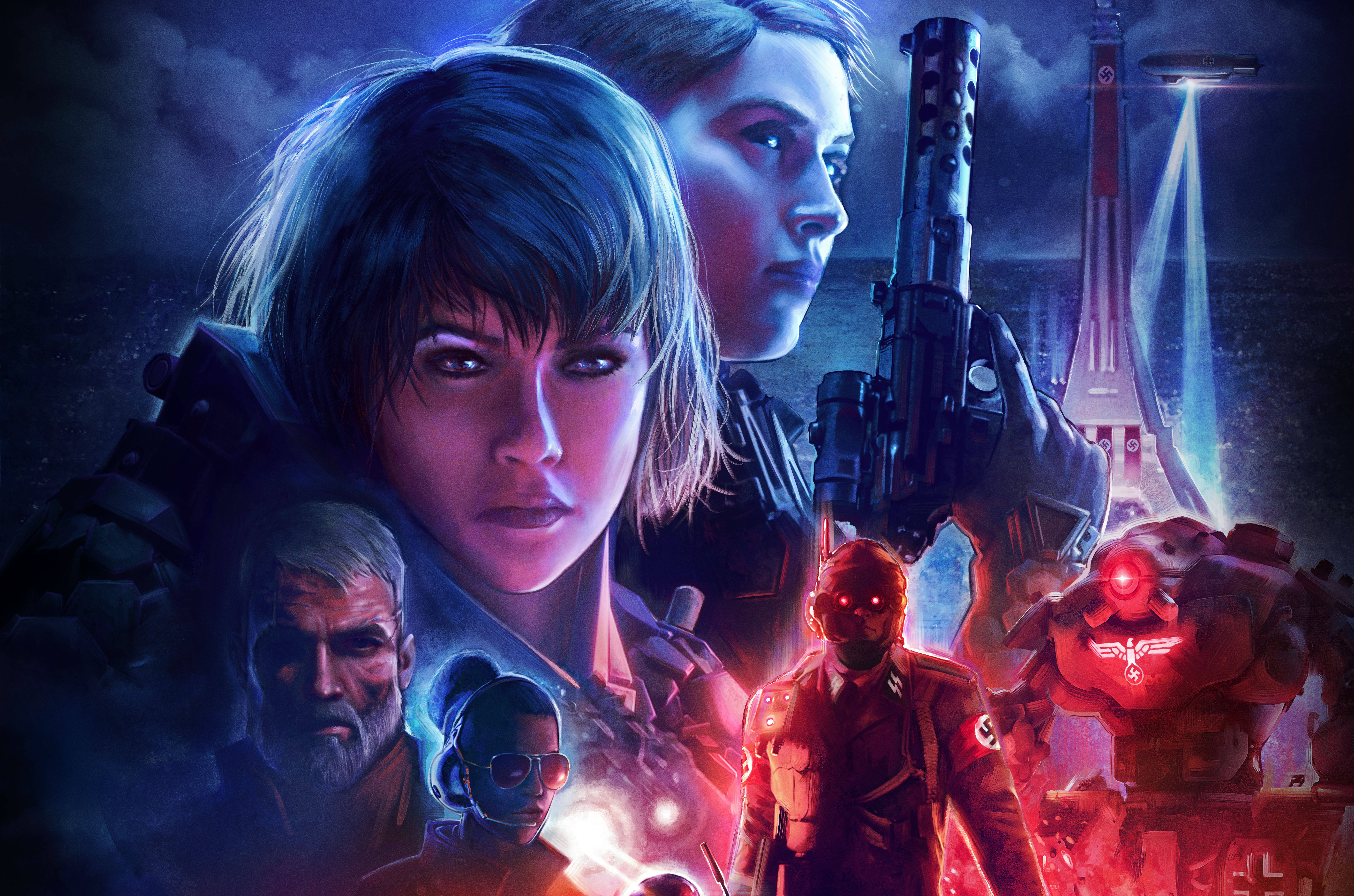 Wolfenstein 桌布 壁紙 — 一張戲劇性的數位藝術海報，以科幻戰爭場景中的強烈角色為特色，帶有發光的紅色和藍色燈光。