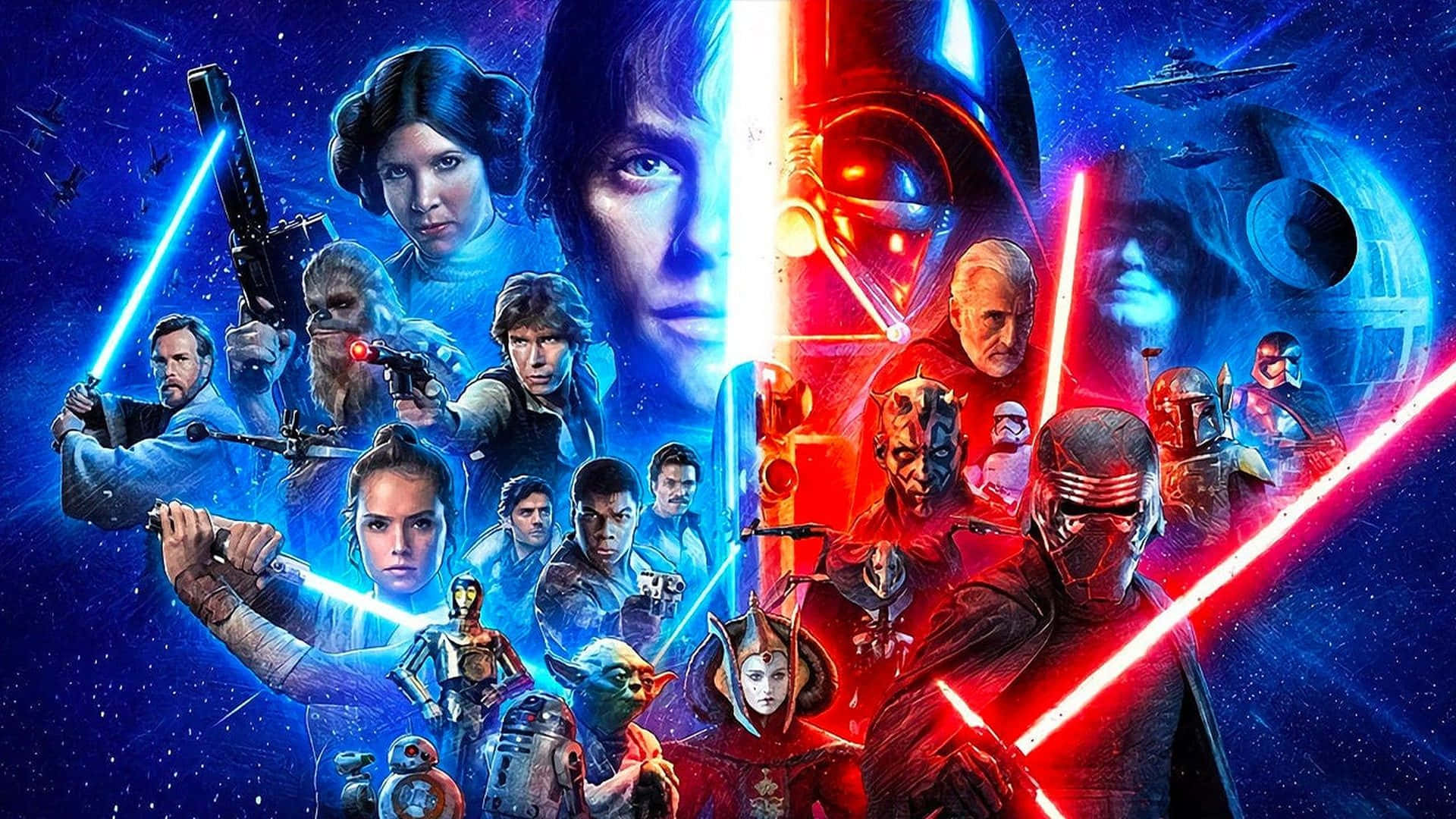 Star Wars Landscape 桌布 壁紙 — 一張戲劇性的星戰海報，採用分割畫面設計，藍色和紅色的光劍將英雄與反派分隔開來，背景是星光閃爍的太空。