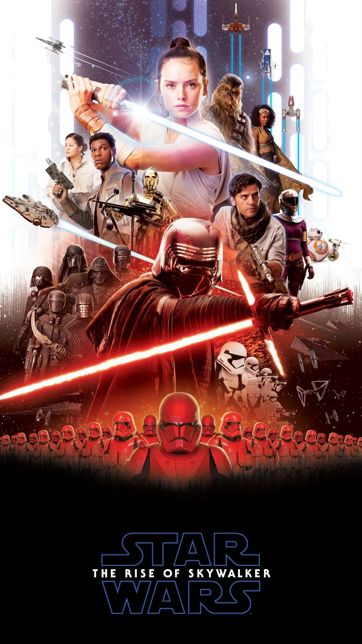poster 桌布 壁紙 — 一張戲劇性的星際大戰海報， featuring Rey 和 Kylo Ren 揮舞光劍，置身於角色和太空船的銀河之中。