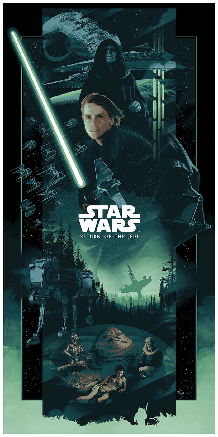 Return Of The Jedi 桌布 壁紙 — 一張戲劇性的星際大戰海報，描繪了路克·天行者手持綠色光劍、達斯·維達、AT-AT步行機和千年鷹號，背景是繁星點點的太空。
