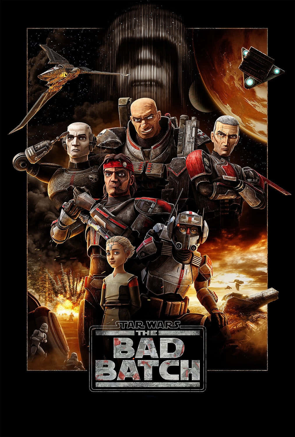 Star Wars The Bad Batch 桌布 壁紙 — 一張戲劇性的星際大戰海報，描繪了壞批小隊穿著戰鬥裝備，背景是熾熱的太空場景，有行星和星艦。