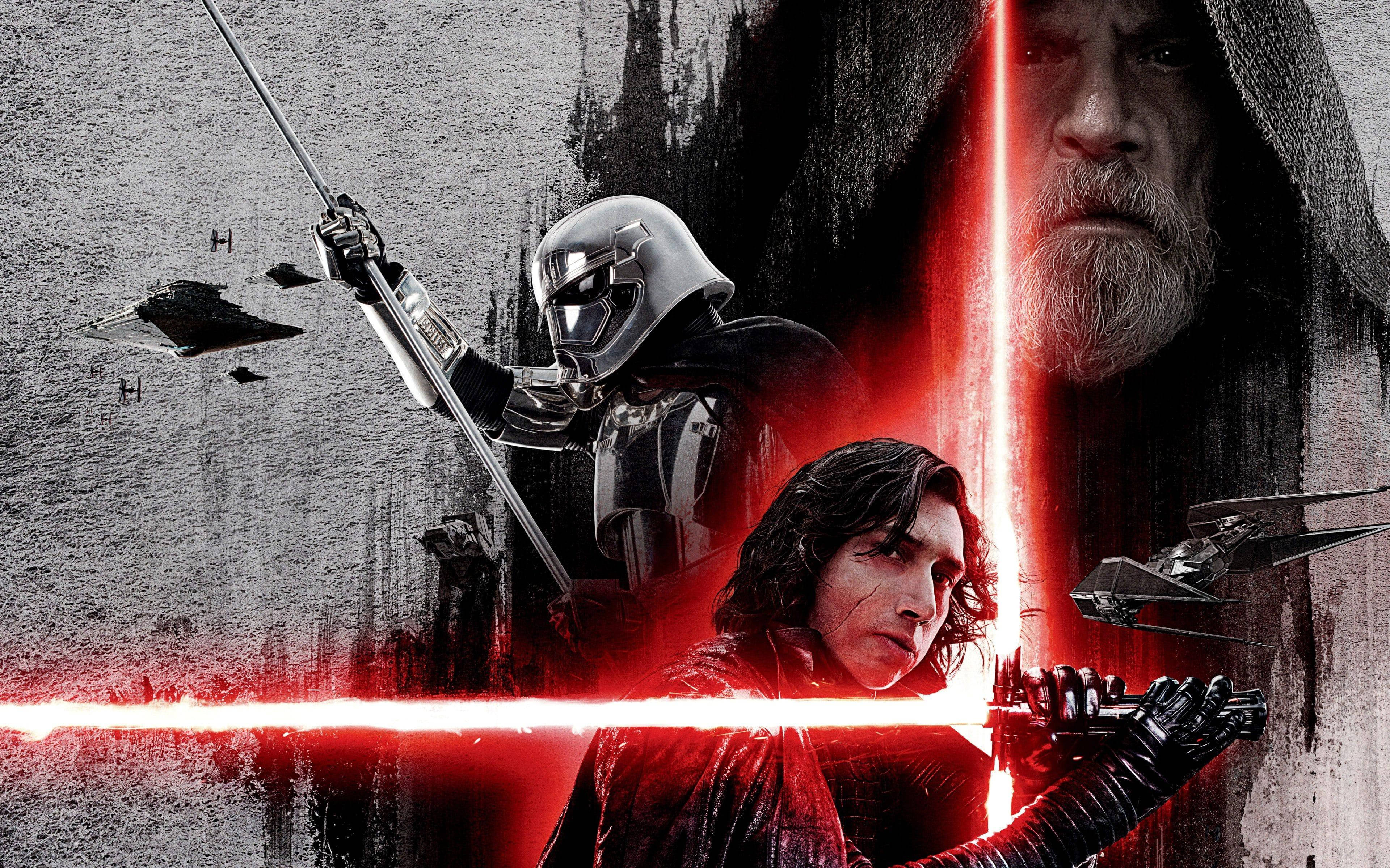The Last Jedi Star Wars 桌布 壁紙 — 一張戲劇性的星際大戰海報，描繪凱羅·忍和一個戴兜帽的人物手持紅色光劍，背景粗糙有紋理。