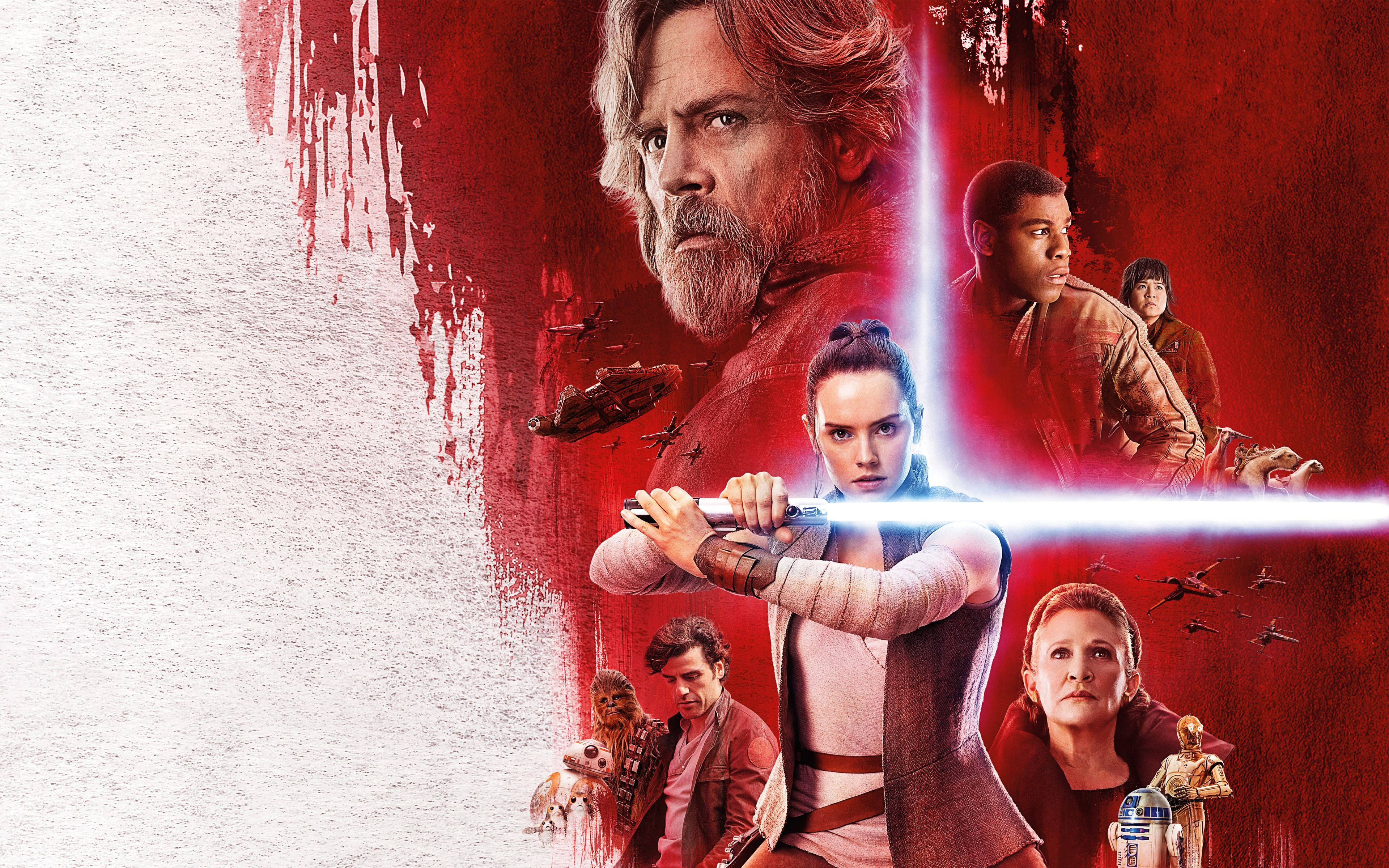 The Last Jedi Star Wars 桌布 壁紙 — 一張戲劇性的星際大戰海報，描繪芮揮舞藍色光劍，背景為鮮明的紅白色，並包含關鍵角色和太空船。