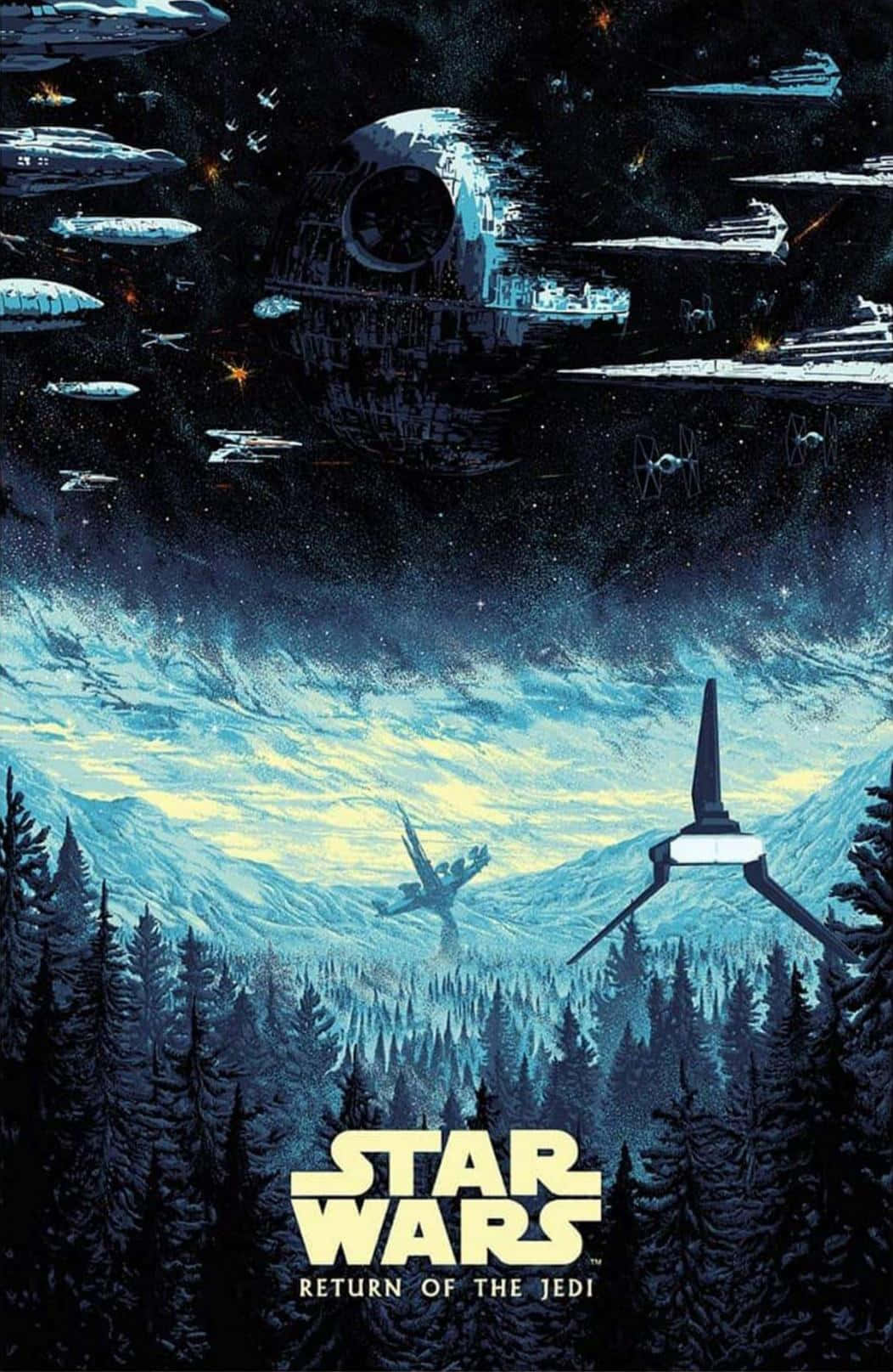 Return Of The Jedi 桌布 壁紙 — 一張戲劇性的星際大戰海報，顯示死星和星際戰機在星空下森林覆蓋的山脈上方。