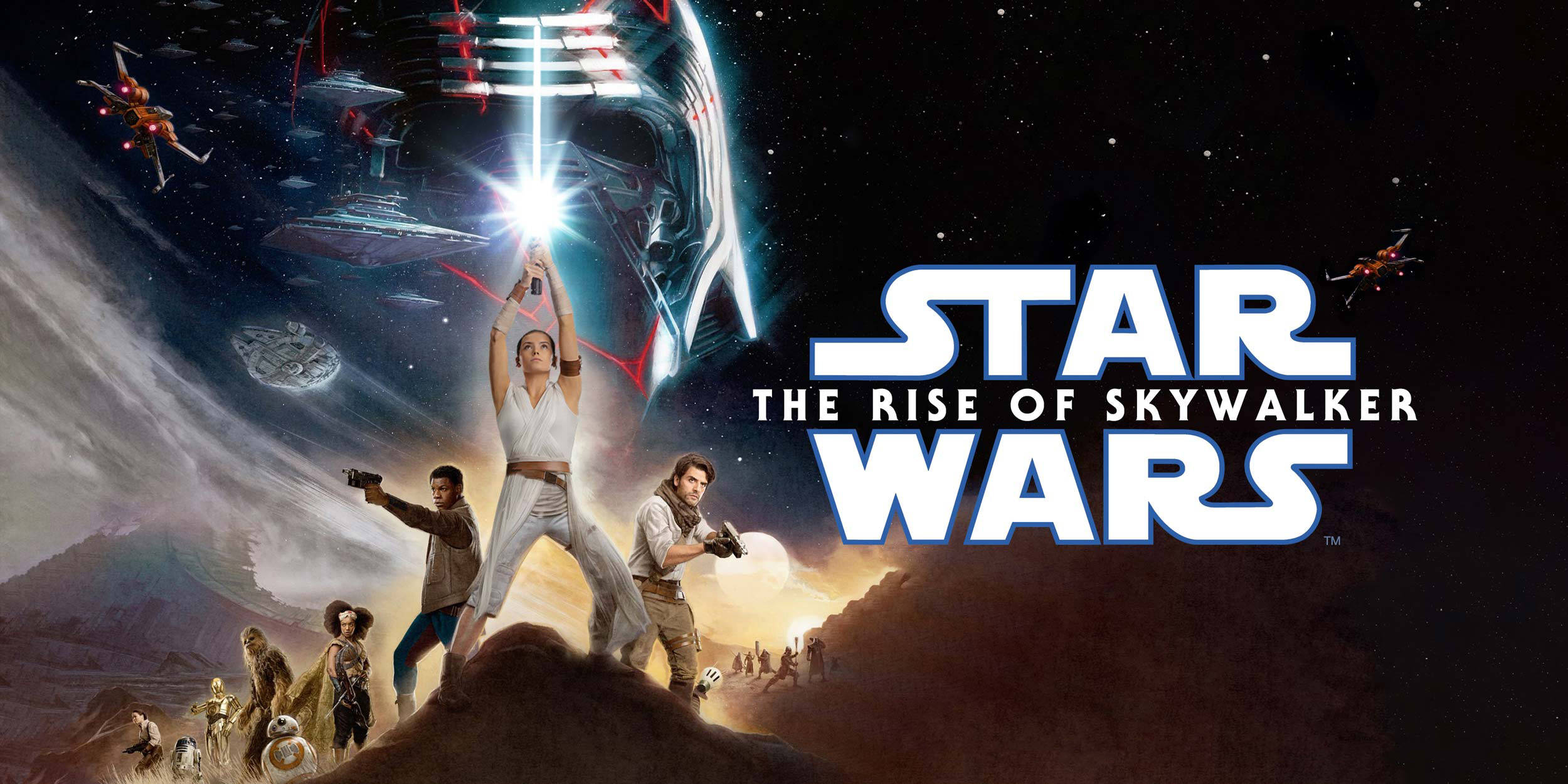 Skywalker 桌布 壁紙 — 一張戲劇性的星際大戰海報顯示芮揮舞著發光的光劍對抗一個戴著頭盔的黑暗人物，背景有太空船和角色在宇宙戰鬥場景中。