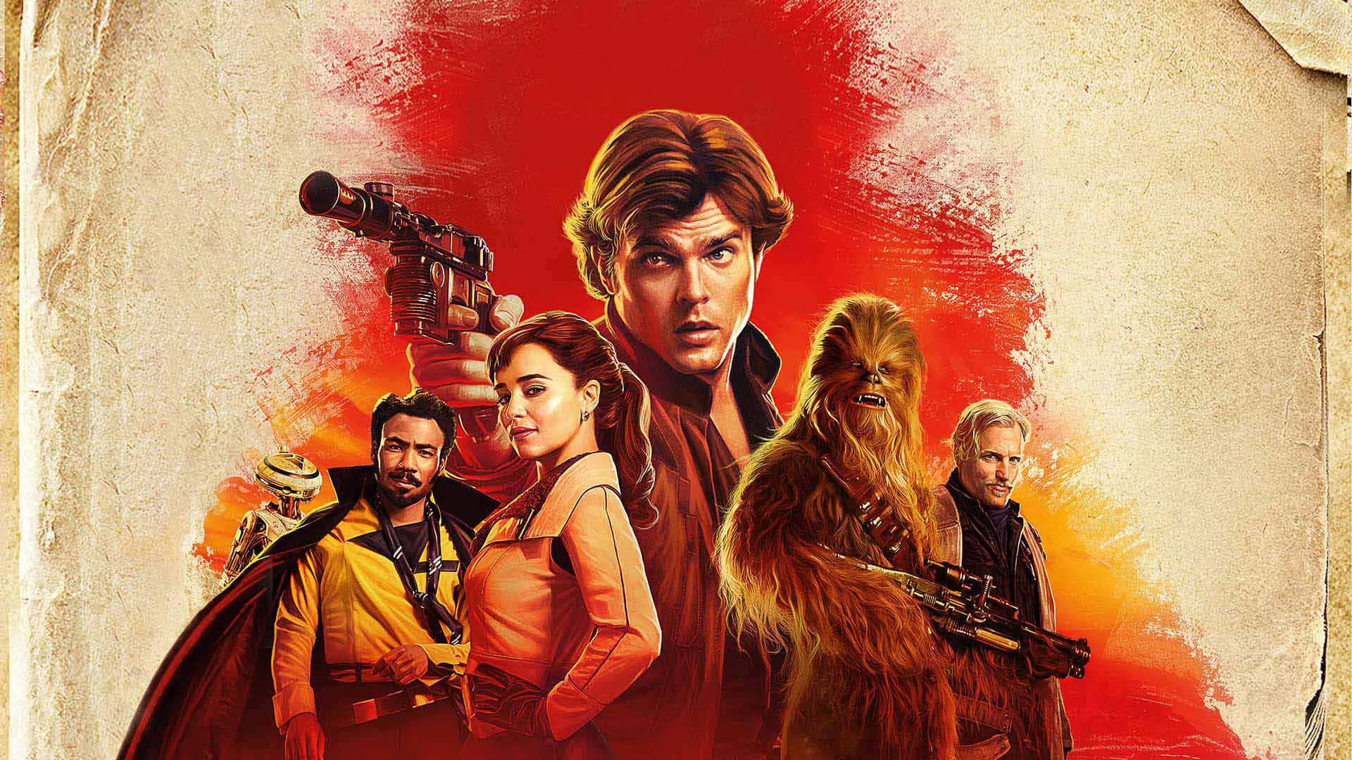 Solo A Star Wars Story 桌布 壁紙 — 一張戲劇性的星際大戰角色插畫海報，包括韓索羅、丘巴卡等，背景是火紅和橙色的。