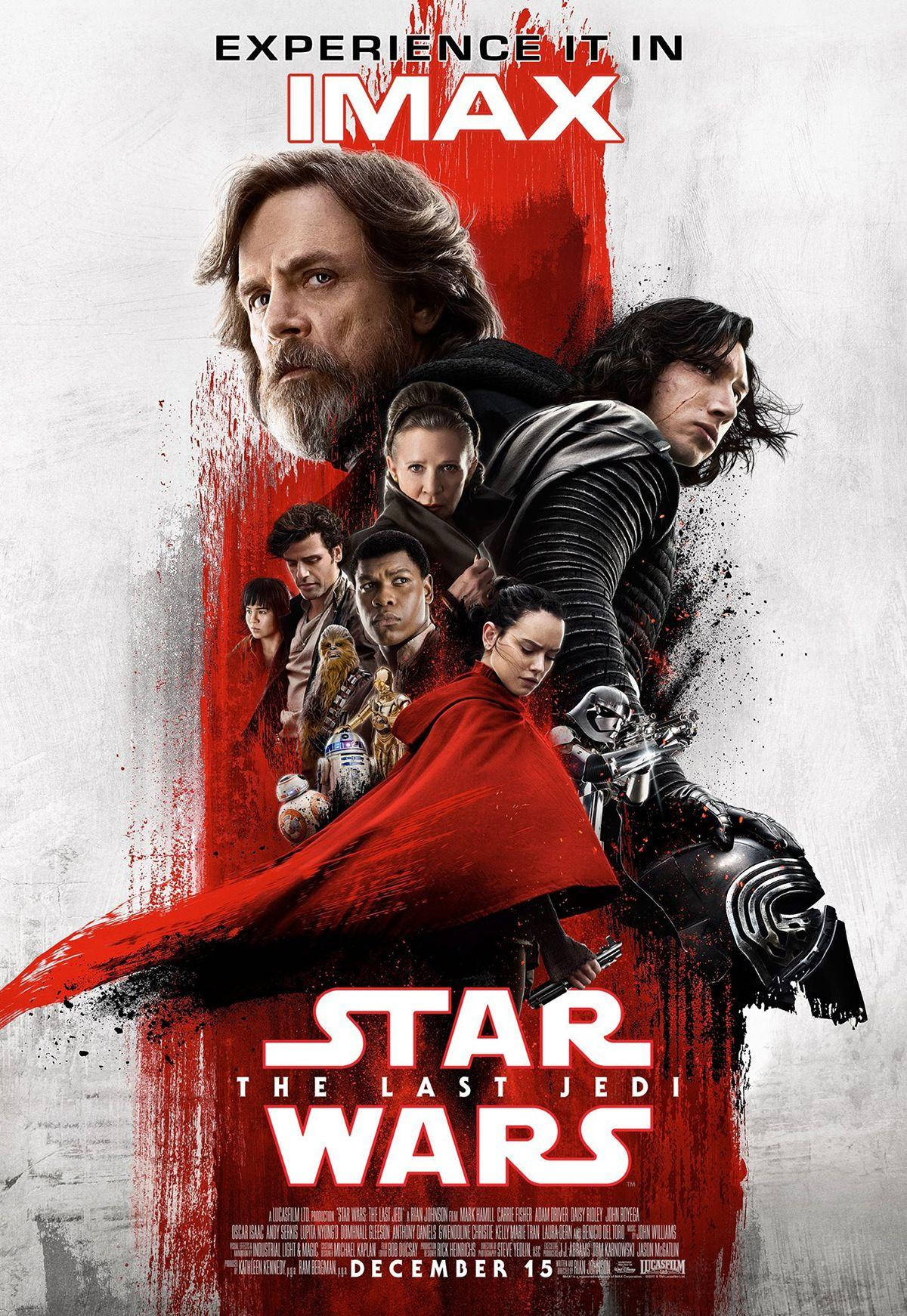 The Last Jedi Star Wars 桌布 壁紙 — 一張戲劇性的星際大戰電影海報，以路克·天行者和其他角色為特色，背景為大膽的紅白配色。