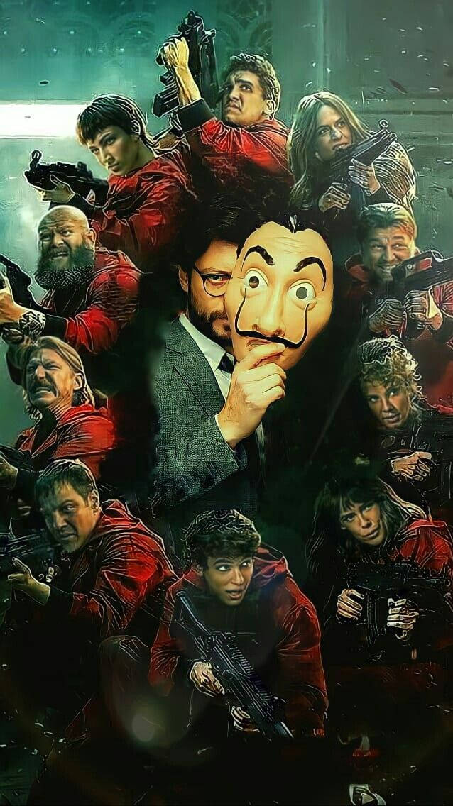 人像動態 桌布 壁紙 — 一張戲劇性的海報，角色們穿著紅色連身衣，手持武器，圍繞著一個戴著達利面具的中心人物。
