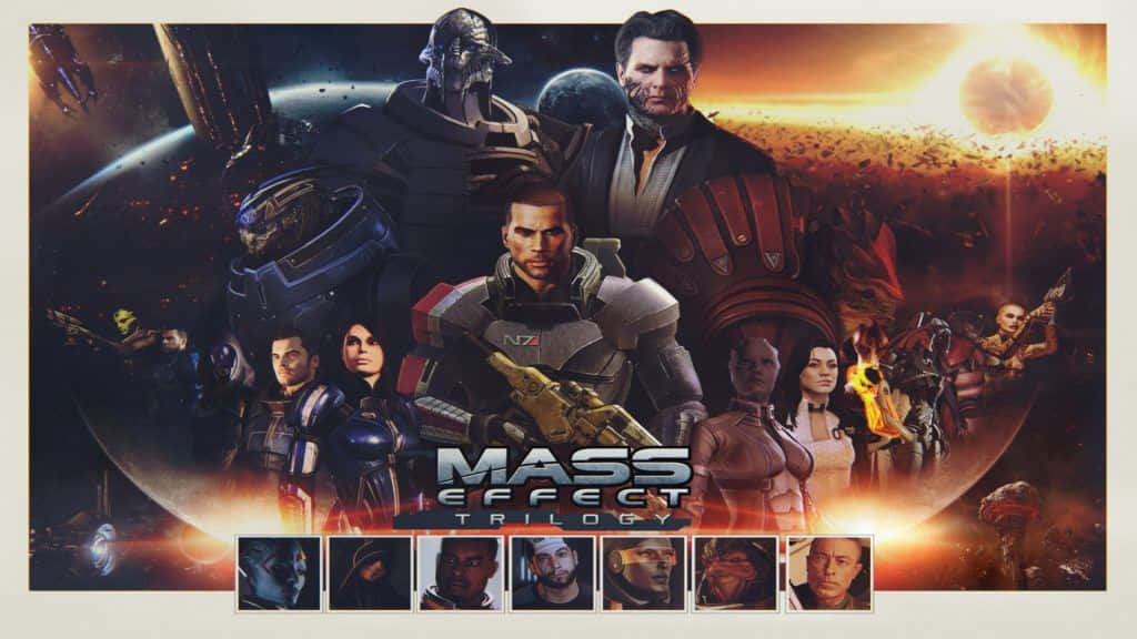 Mass Effect Trilogy 桌布 壁紙 — 一張戲劇性的科幻海報，以Mass Effect三部曲的關鍵角色為特色，背景是熾熱的宇宙場景，包含行星和太空船。