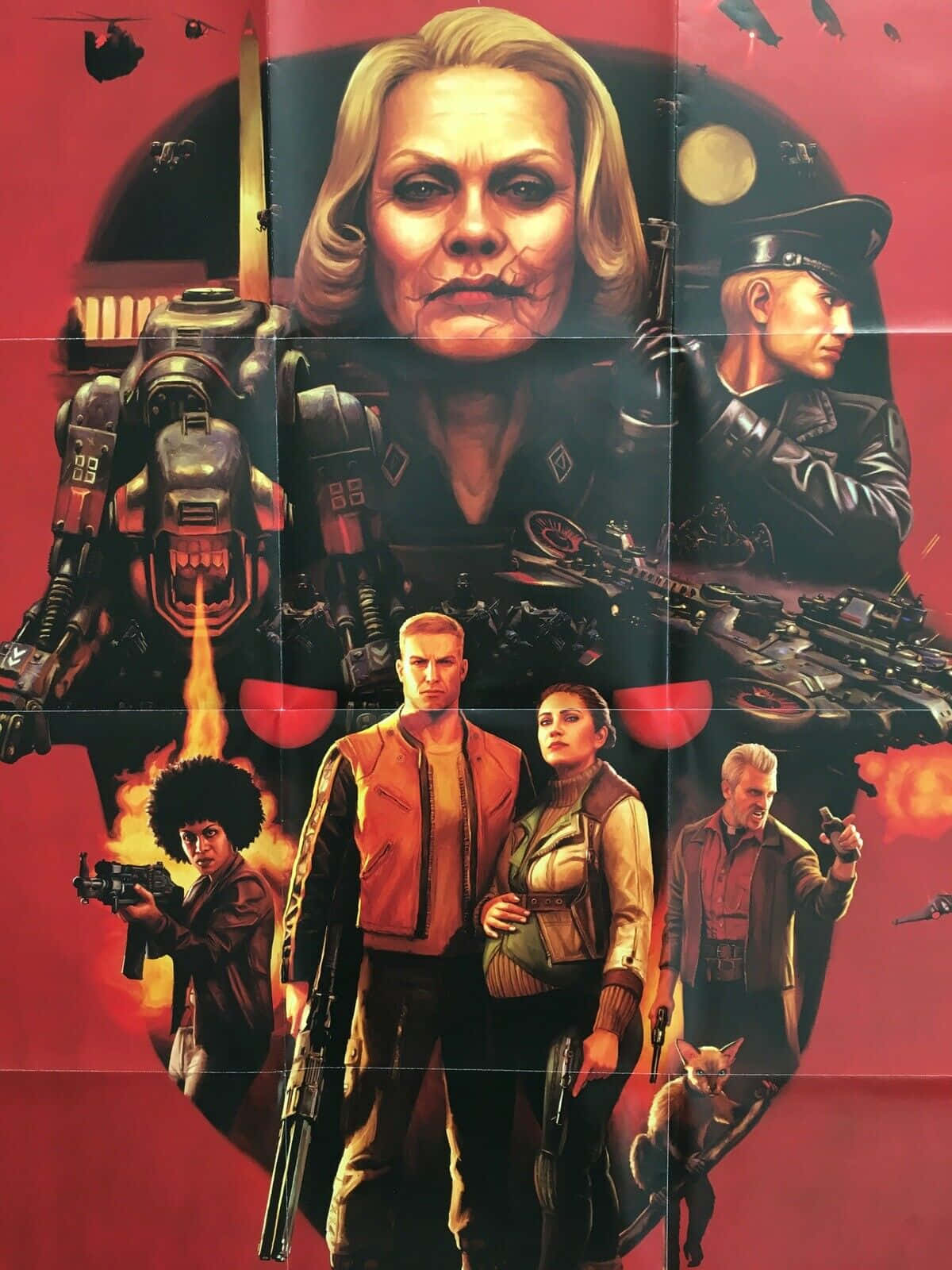 Android Wolfenstein Ii 桌布 壁紙 — 一張戲劇性的科幻海報，描繪一位嚴肅的金髮女子、士兵和一個機械生物，背景是火紅色的。