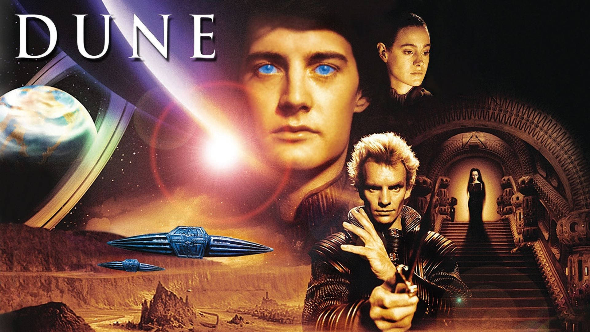 Dune Movie 桌布 壁紙 — 一張戲劇性的科幻海報《沙丘》， featuring 角色、太空船和一個在發光太陽下的沙漠星球。