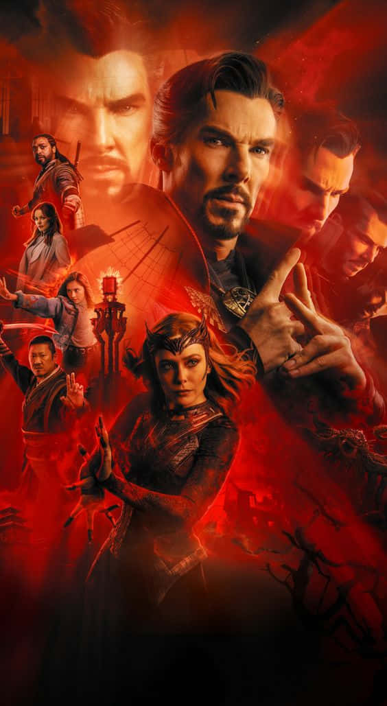 Doctor Strange 2 桌布 壁紙 — 一張戲劇性的紅色調海報，多位超級英雄以強烈姿勢出現在熾熱的宇宙背景前。