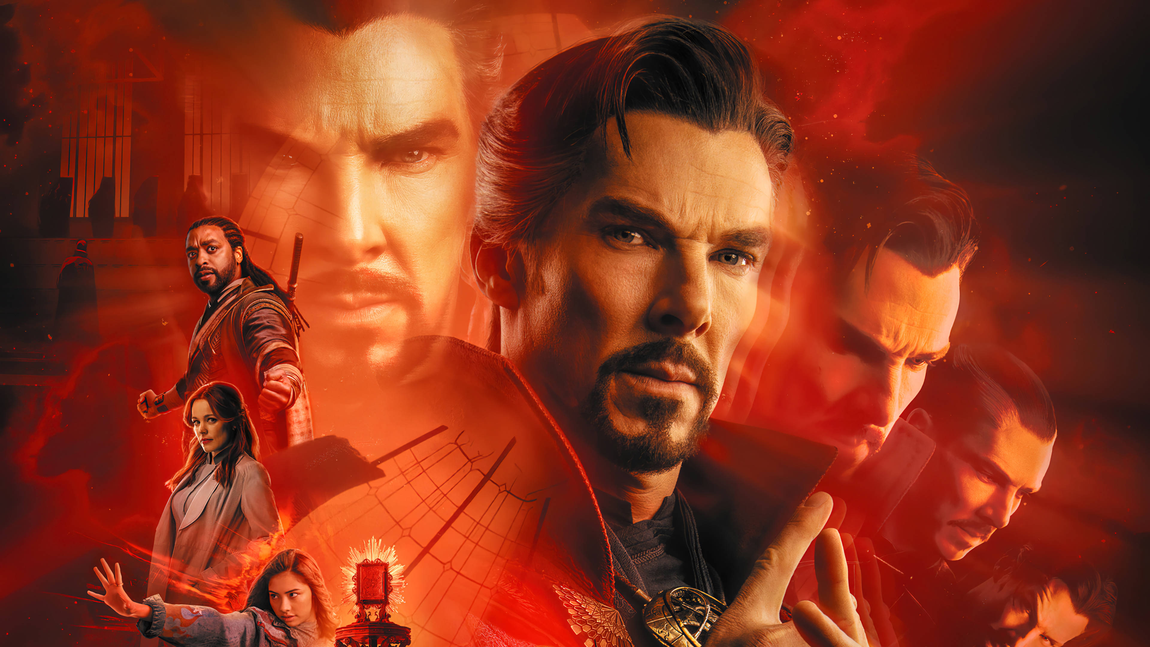 Marvel Aesthetic 桌布 壁紙 — 一張戲劇性的紅色調海報，描繪了奇異博士和其他角色在神秘電影構圖中的場景。