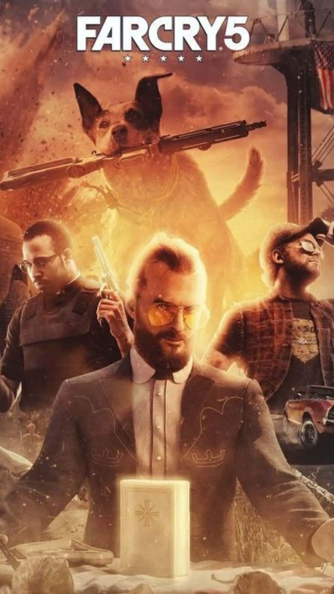 Pixel 3 Far Cry New Dawn 桌布 壁紙 — 一張戲劇性的遊戲海報，一名穿西裝的男子手持聖經，一隻狗在他上方扛著步槍，背景是火紅色的天空。