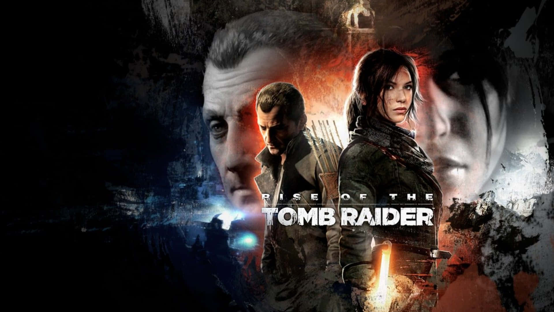 Lara Croft 桌布 壁紙 — 一張戲劇性的遊戲海報，以Lara Croft和兩名男子為主角，背景是黑暗粗糙的，帶有火熱的橙色和冷藍色燈光。
