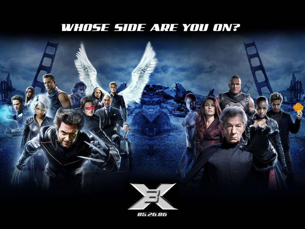 X 桌布 壁紙 — 一張戲劇性的電影海報， featuring 有翅膀的 X-Men 角色和背景中的金門大橋，在暴風雨的天空下。