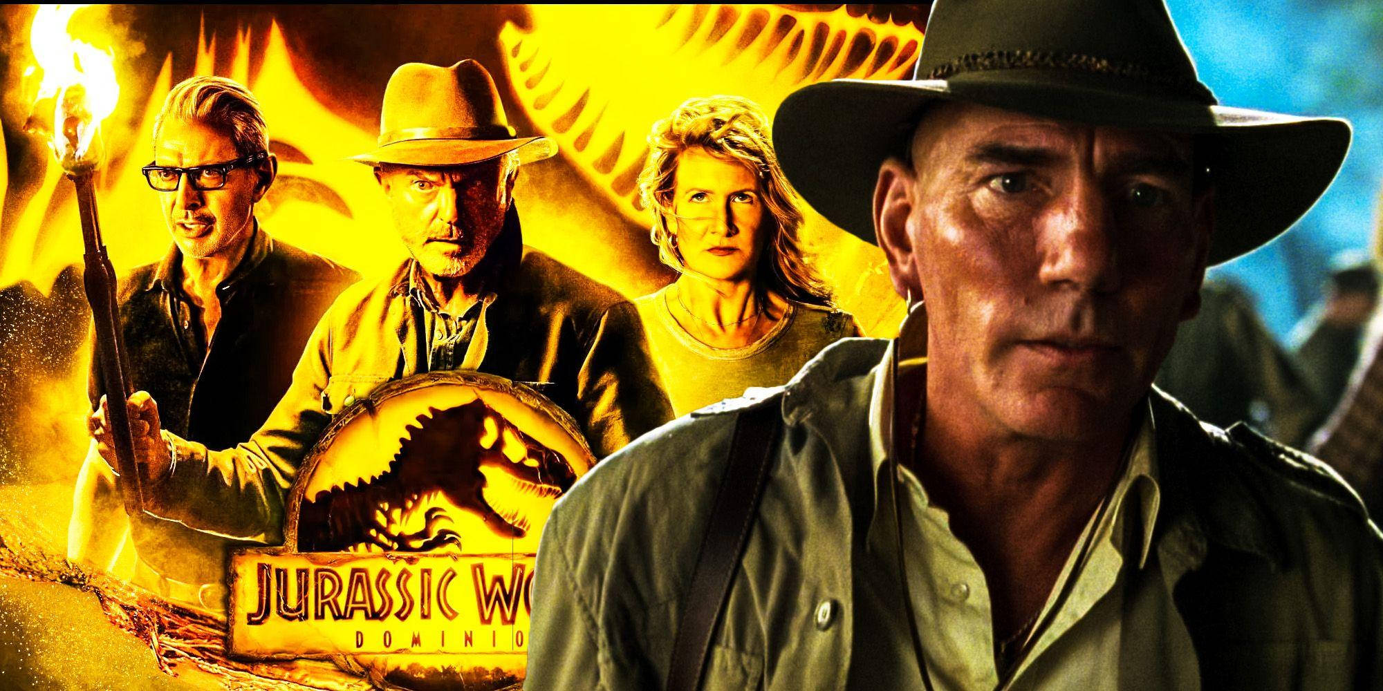 Jurassic World Dominion 桌布 壁紙 — 一張戲劇性的電影海報，四位探險家穿著粗獷的服裝，背景是火熱的叢林和恐龍剪影。