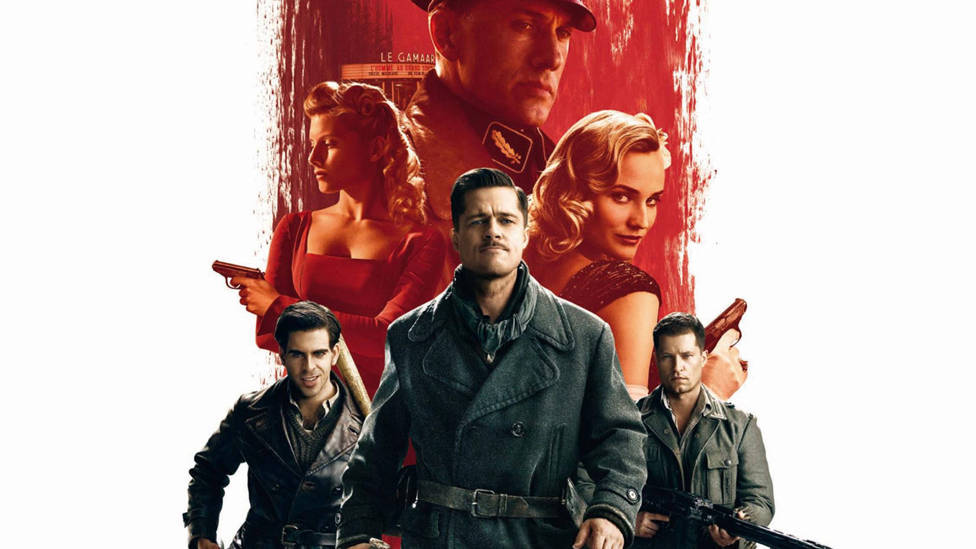 Inglourious Basterds 桌布 壁紙 — 一張戲劇性的電影海報，展示布萊德彼特穿著風衣，被武裝角色包圍，背景是鮮豔的紅色。