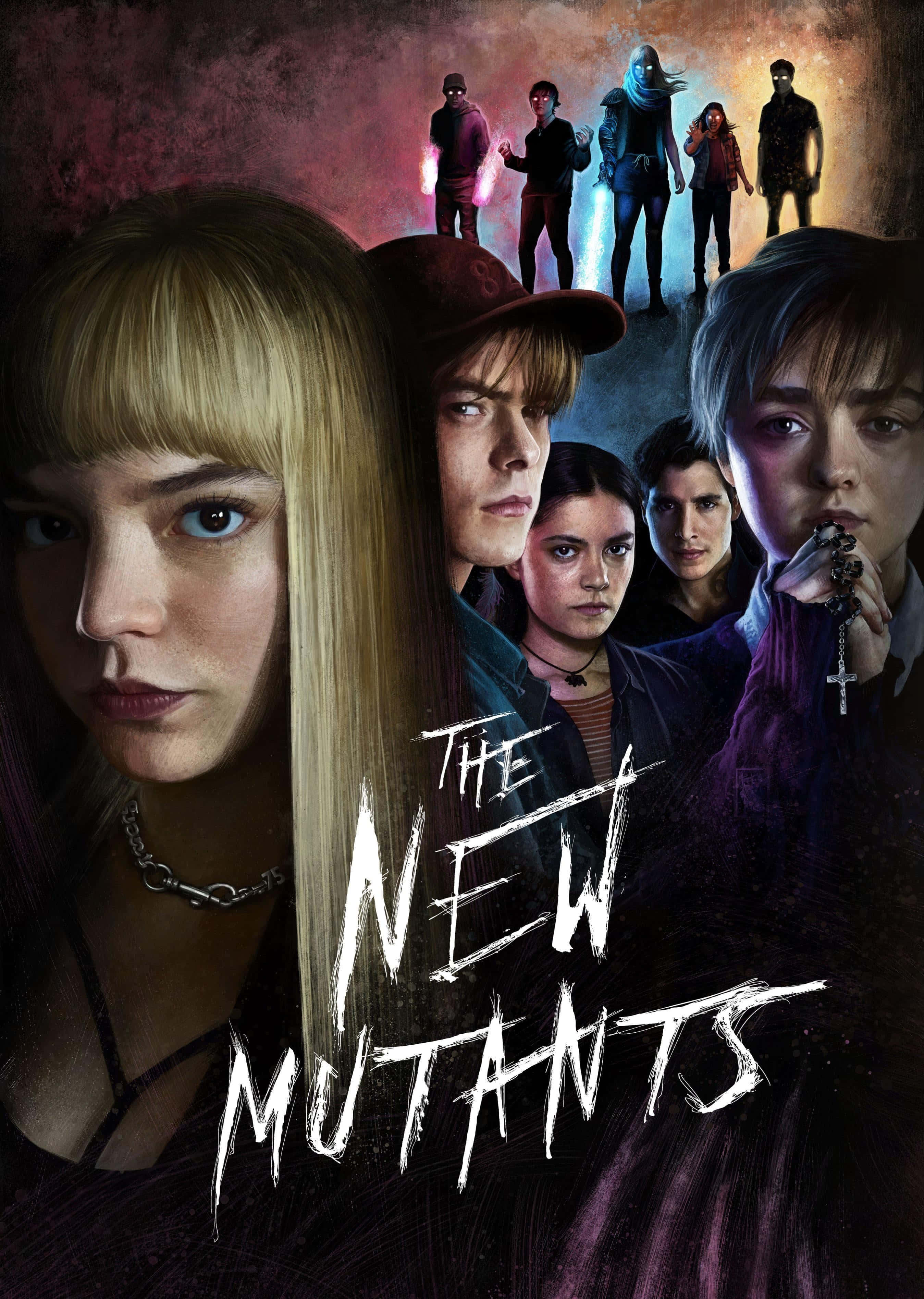 Mutants 桌布 壁紙 — 一張戲劇性的電影海報，描繪年輕變種人帶著發光能力，站在黑暗不祥的天空下。