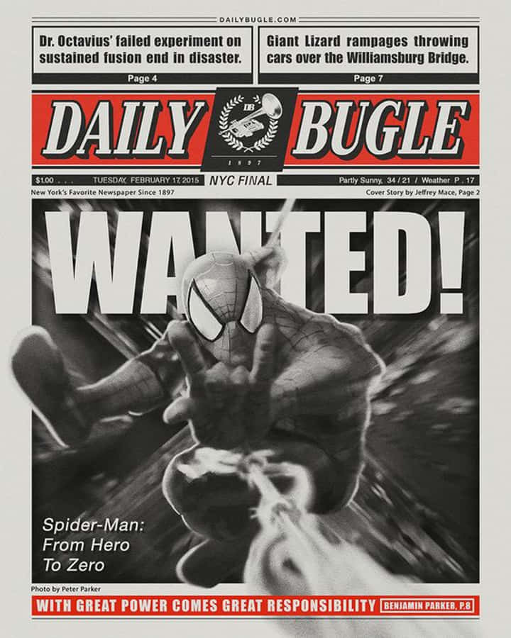 Daily Bugle 桌布 壁紙 — 一張戲劇性的黑白報紙頭版宣告「通緝！」蜘蛛人以動態姿勢出現，標題關於他的墮落，以及「能力越大，責任越大」的標語。