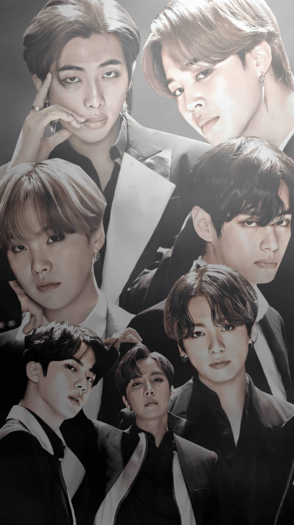 BTS 桌布 壁紙 — 一張戲劇性的黑白拼貼畫，七位時尚年輕男士身著正裝，擺出強烈表情。
